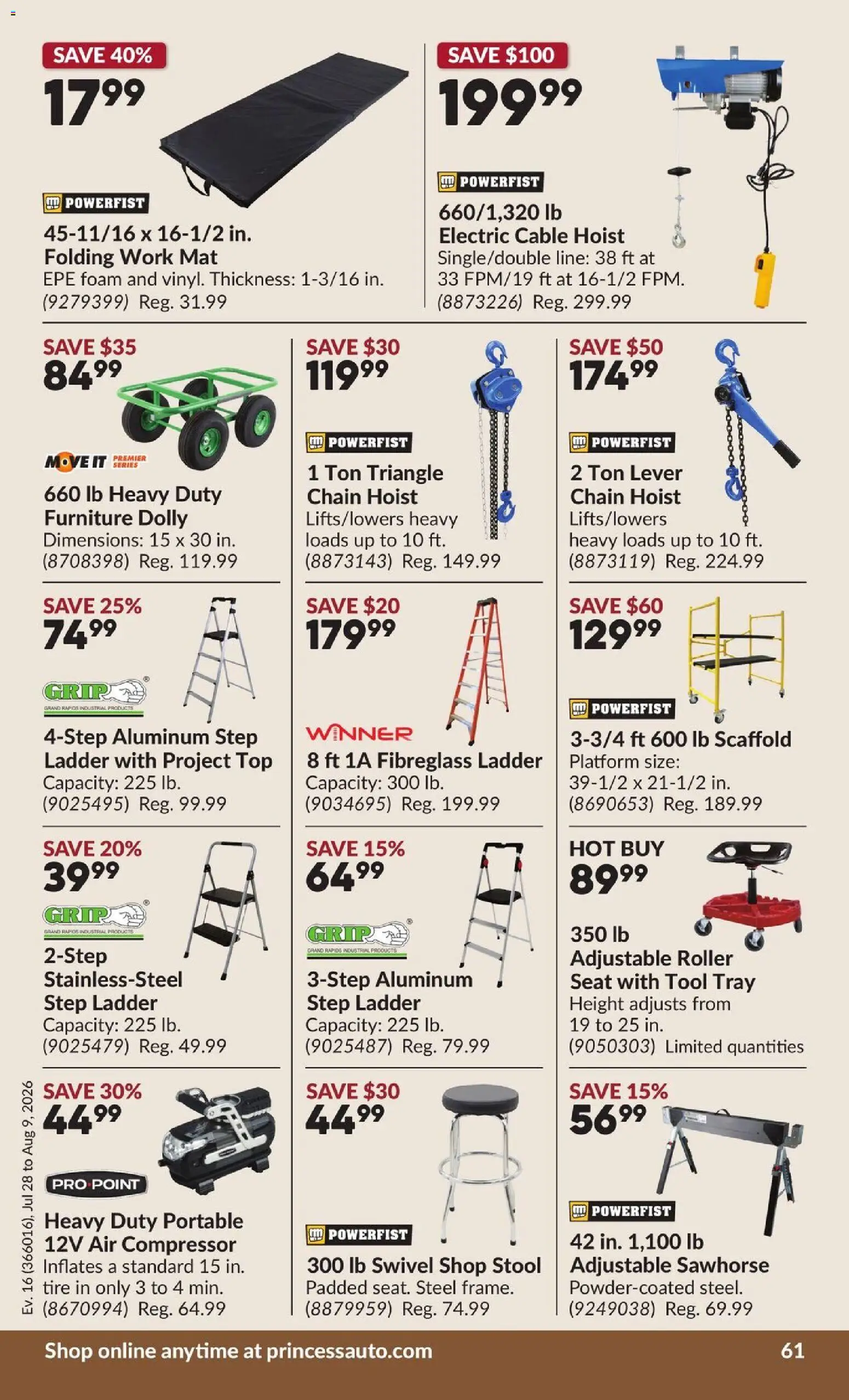 Princess Auto flyer valid from Jul 28, 2026 | Page: 66 | Products: Cable, Compressor, Foam, Air compressor