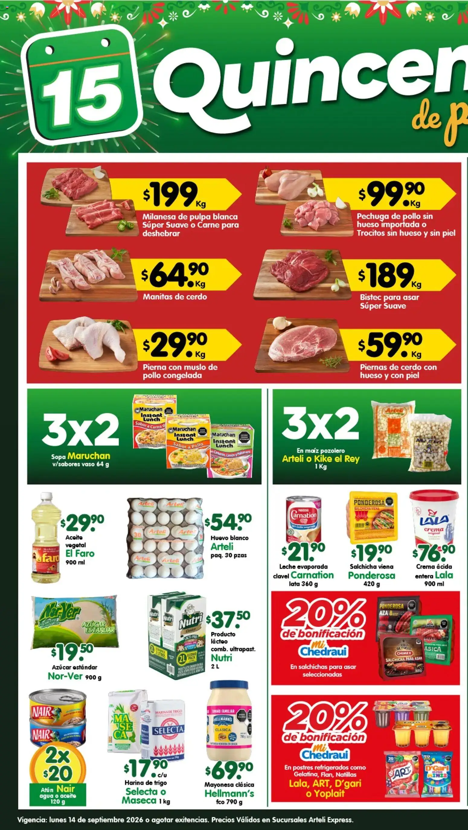 Nuevas ofertas de Arteli válidas en toda la República Mexicana desde el 14/09/2026. ¡Encuentra las mejores ofertas en Arteli folleto Express! | Página: 1 | Productos: Bistec, Salchicha, Cerdo, Salchichas