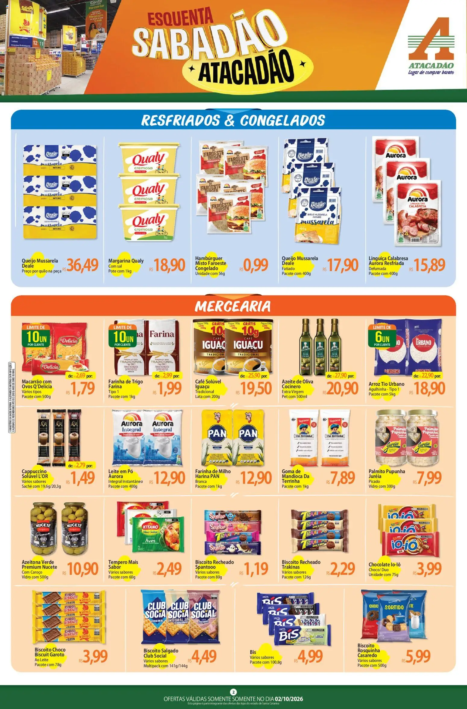 Atacadão Folheto - válido de 02/10/2026 | Página: 2 | Produtos: Hambúrguer, Azeite de oliva, Mussarela, Leite em pó