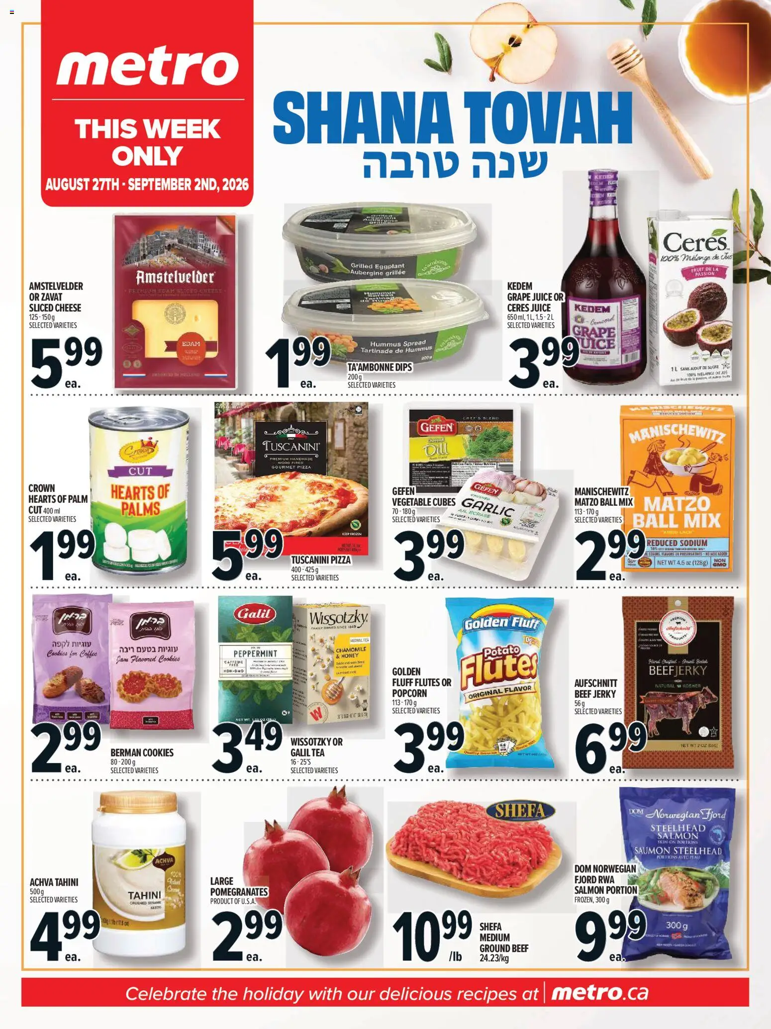 Metro flyer valid from Aug 27, 2026 | Page: 1 | Products: Tea, Beef, Hummus, Cheese