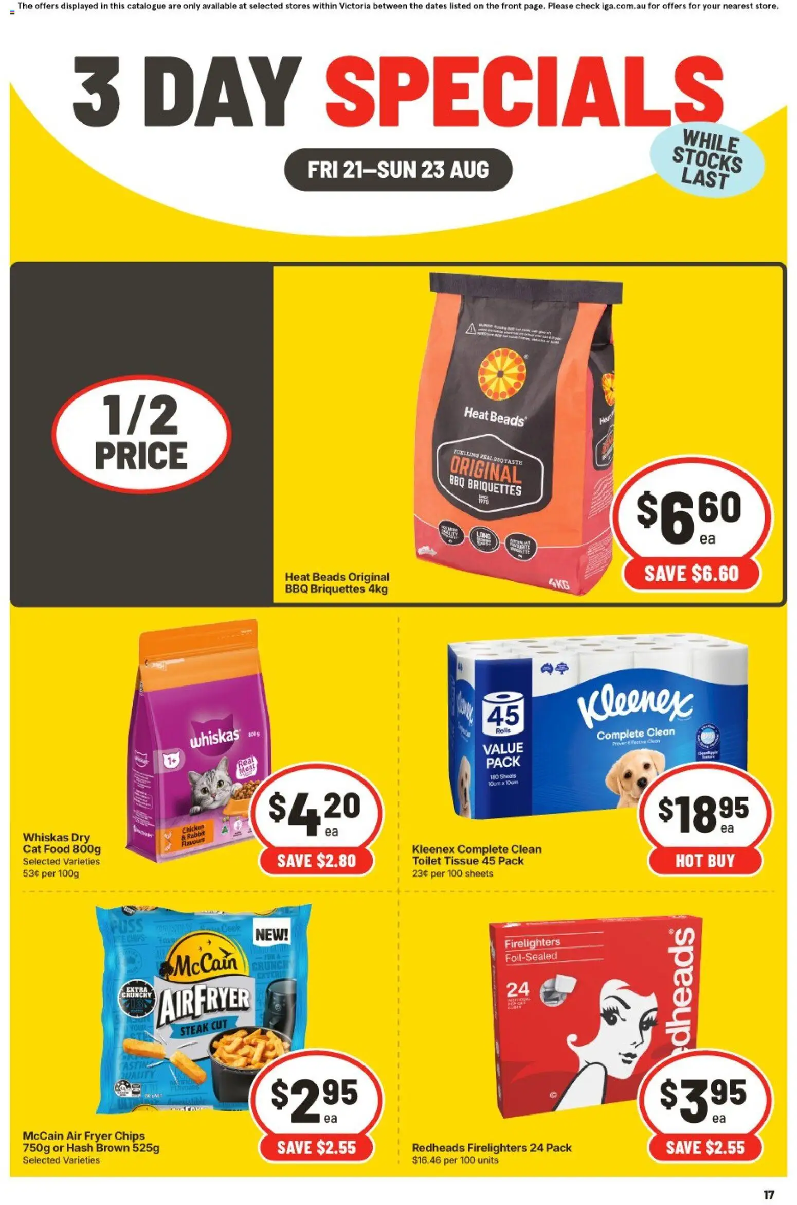 IGA catalogue - valid from 21/08/2026 | Page: 3 | Products: Fryer, Briquettes, Chicken, Steak