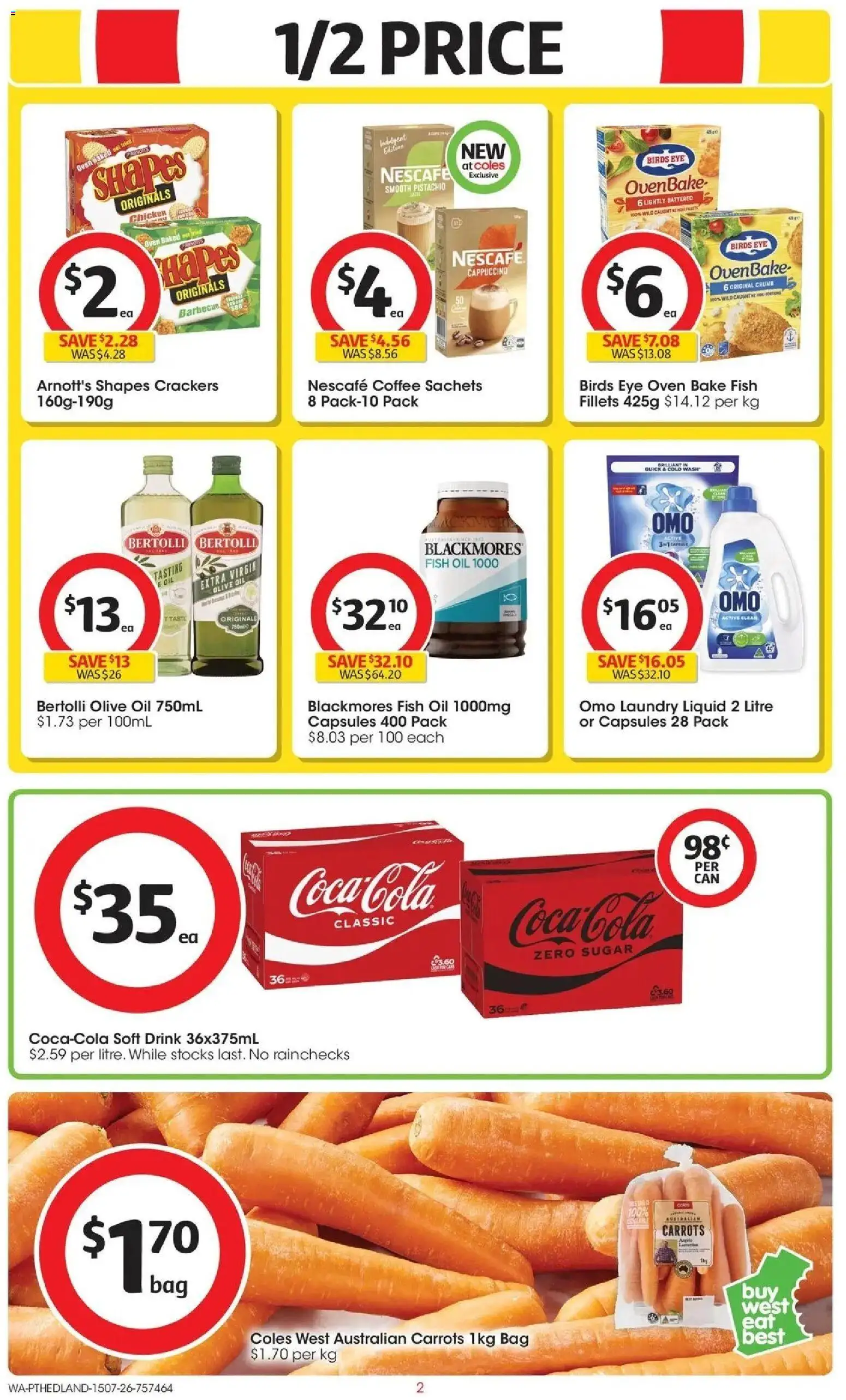 Coles catalogue - valid from 15/07/2026 | Page: 2 | Products: Crackers, Coffee, Olive oil, Fish oil