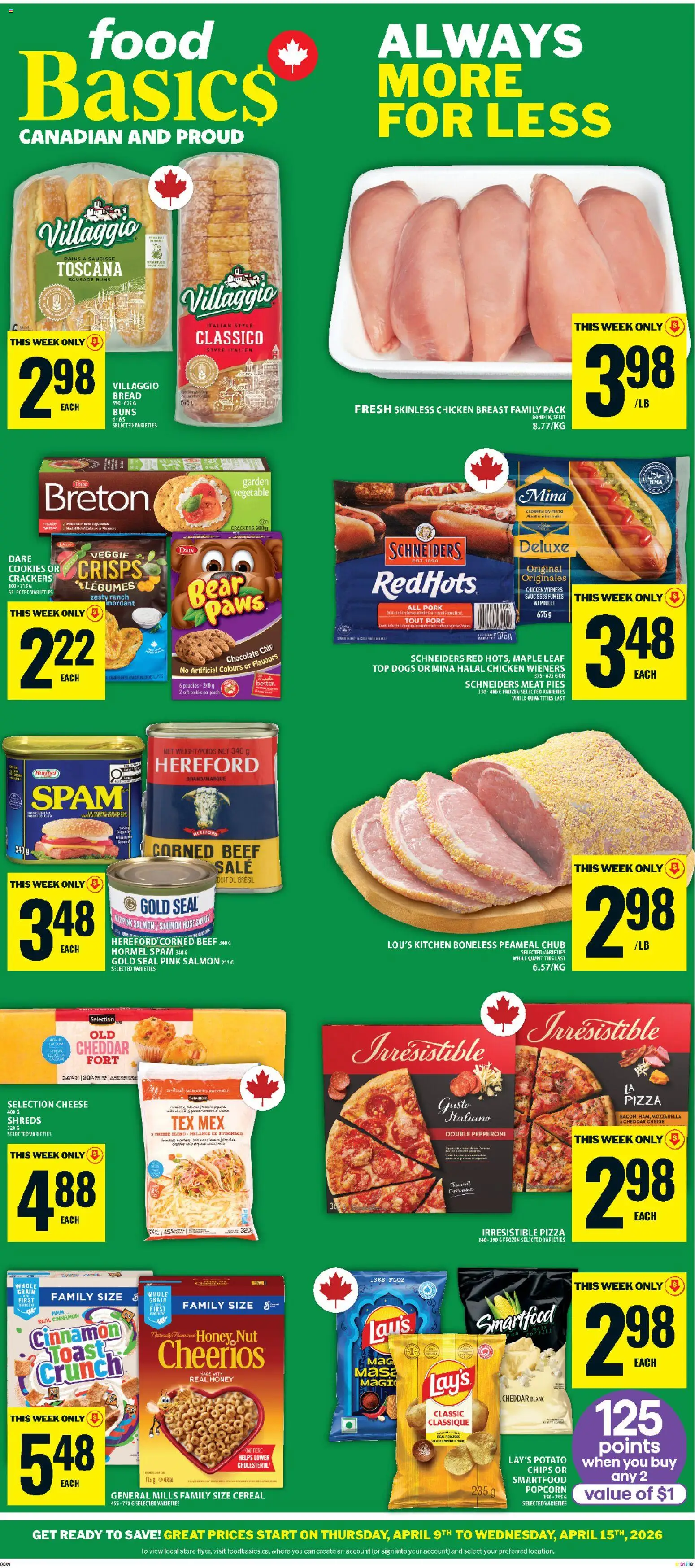 Food Basics flyer valid from 09.04.2026 | Page: 1 | Products: Beef, Chips, Cheese, Pizza