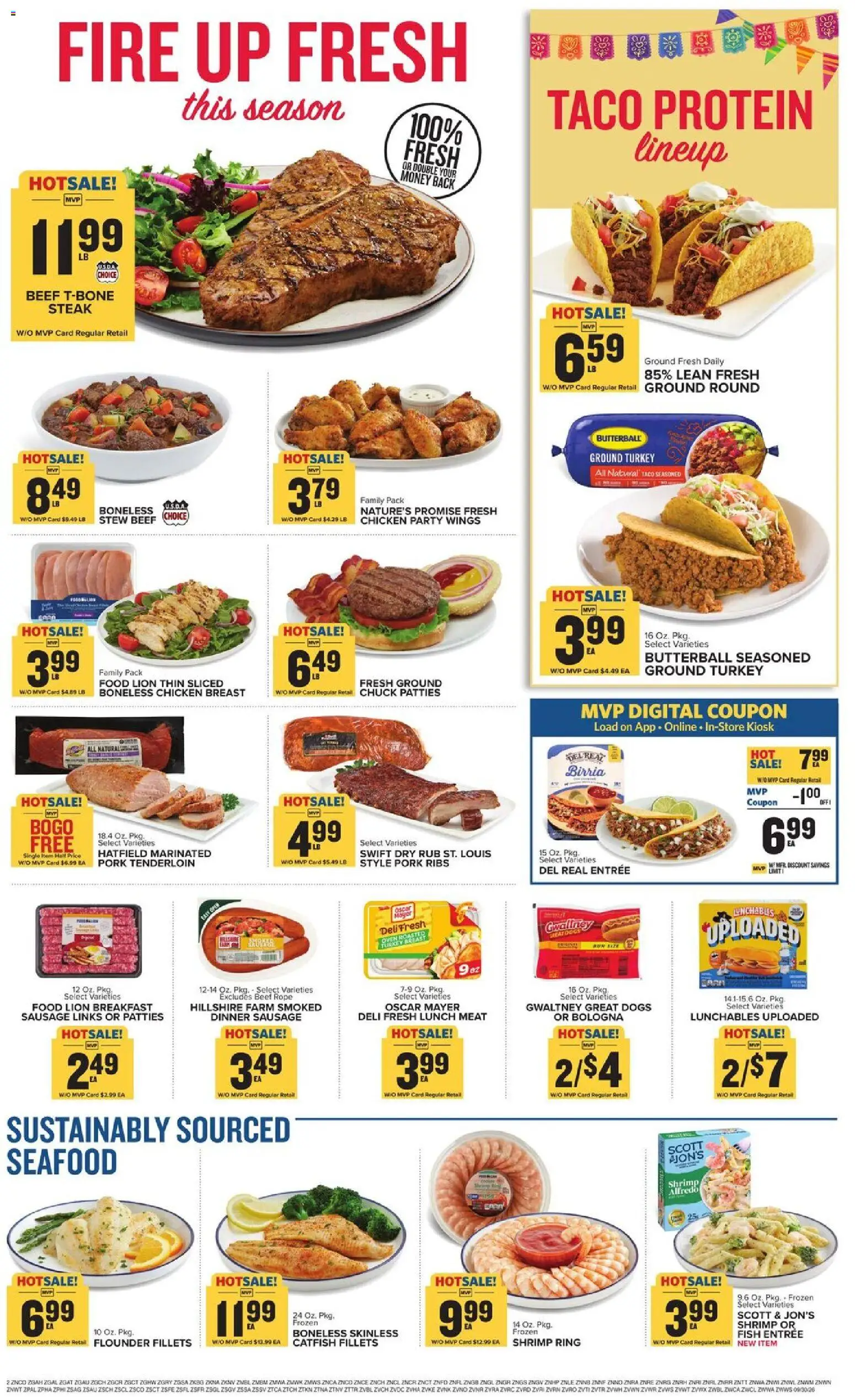 Food Lion Weekly Ad - valid from 09/30/2026 | Page: 4 | Products: Turkey, Beef, Sausage, Pork tenderloin