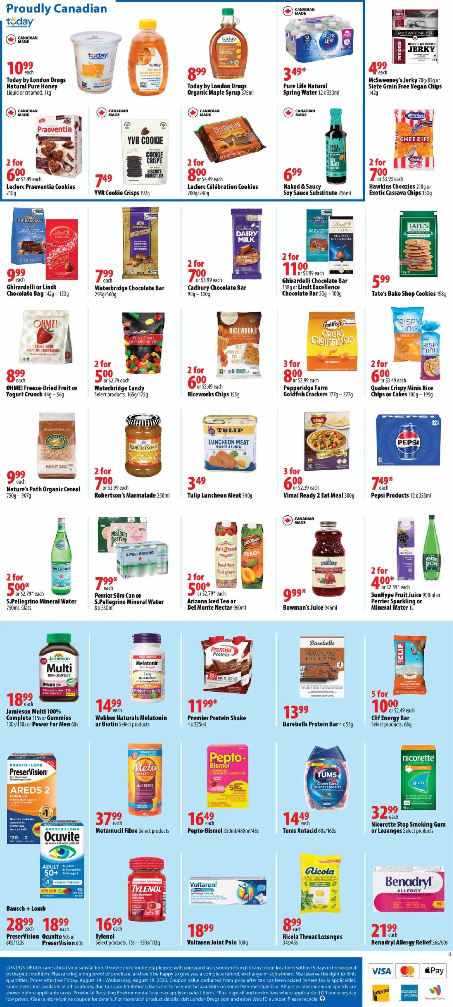 London Drugs flyer valid from Aug 14, 2026 | Page: 5 | Products: Almonds, Crisps, Biscuits, Mineral water