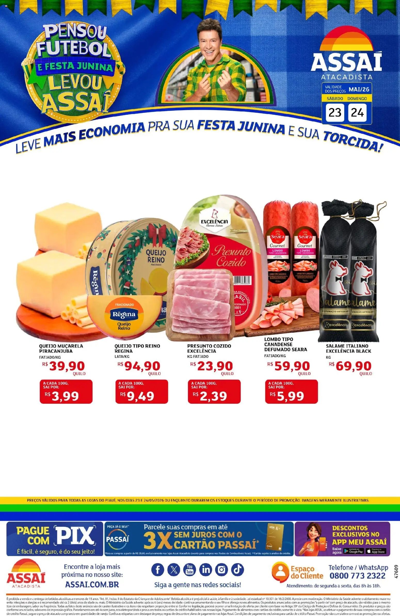 Assaí Atacadista Folheto - válido de 23.05.2026 | Página: 1 | Produtos: Lombo, Queijo, Presunto, Pneus