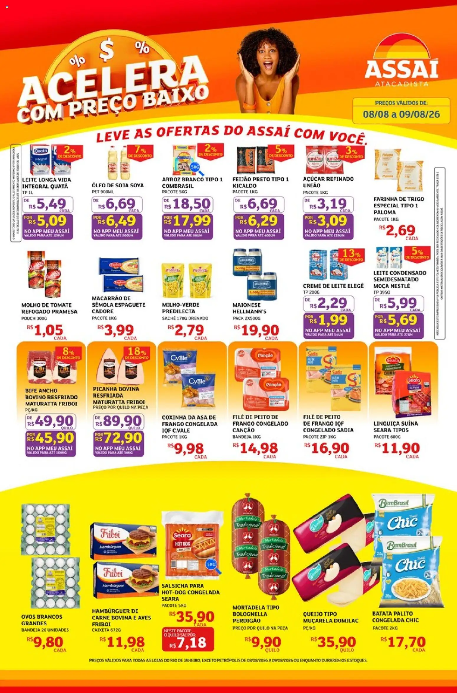 Assaí Atacadista Folheto - válido de 08/08/2026 | Página: 1 | Produtos: Picanha, Hambúrguer, Frango, Leite condensado