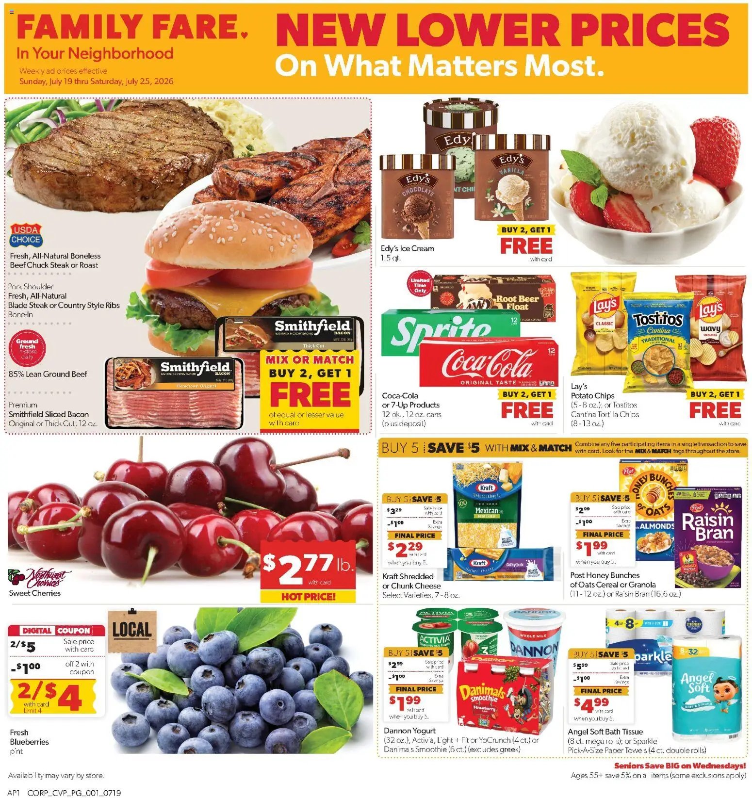 Family Fare Weekly Ad - valid from 07/19/2026 | Page: 1 | Products: Cherries, Cheese, Blueberries, Smoothie