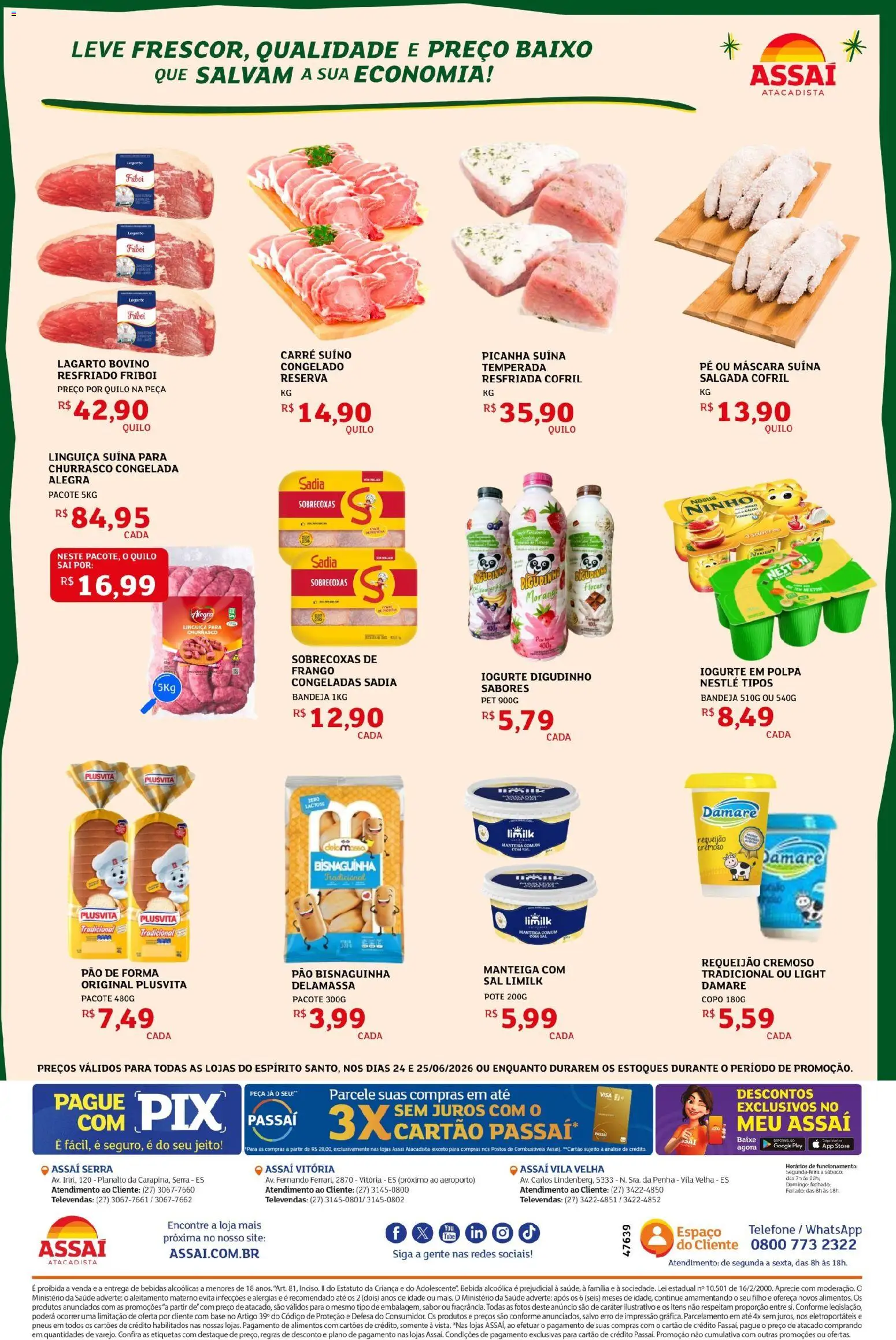 Assaí Atacadista Folheto - válido de 24/06/2026 | Página: 2 | Produtos: Iogurte, Pão de forma, Baixo, Requeijão