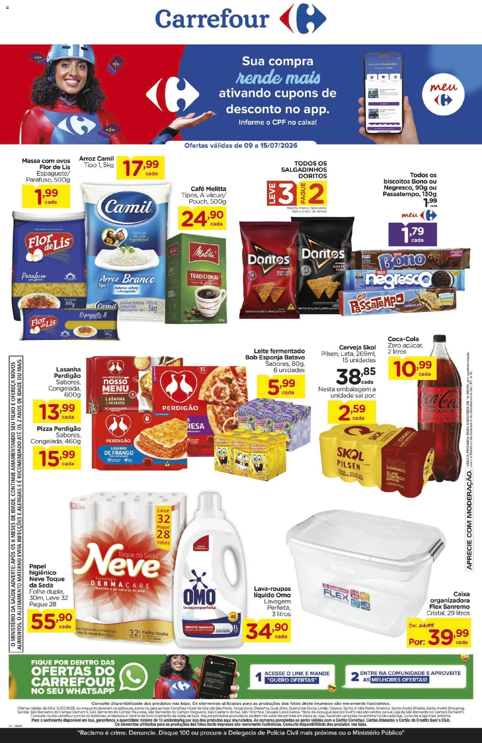 Carrefour Folheto - válido de 09/07/2026 | Página: 1 | Produtos: Caixa, Salgadinhos, Lasanha, Frango