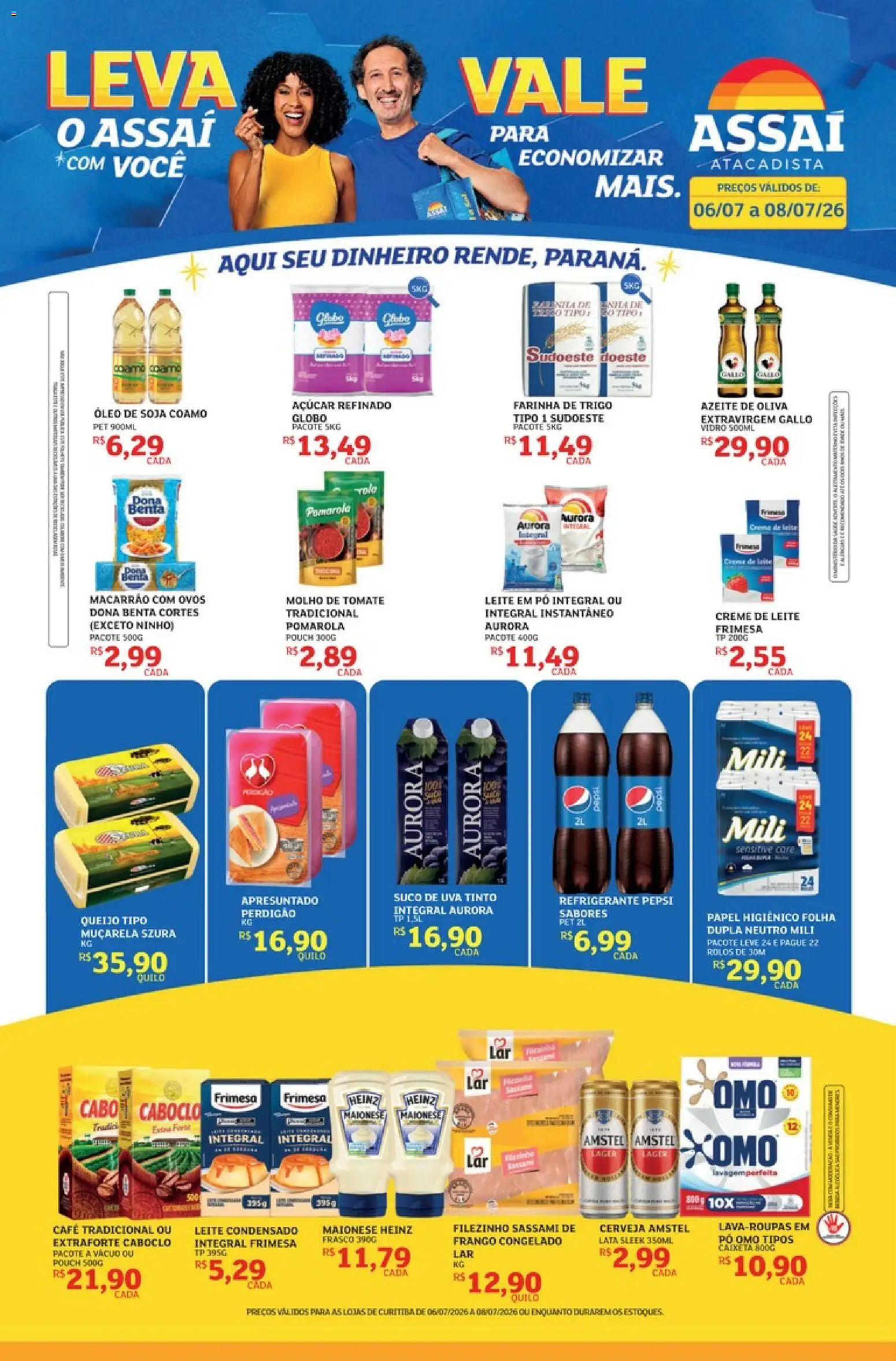 Assaí Atacadista Folheto - válido de 06/07/2026 | Página: 1 | Produtos: Farinha de trigo, Muçarela, Macarrão, Açúcar