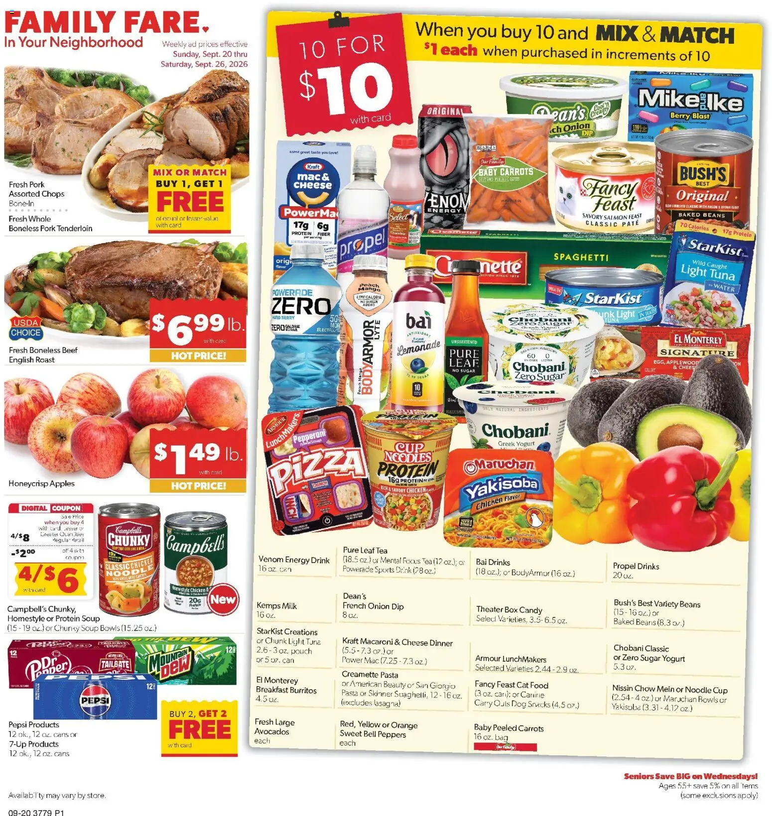 Family Fare Weekly Ad - IA - valid from 09/20/2026 | Page: 1 | Products: Candy, Energy drink, Bag, Salmon