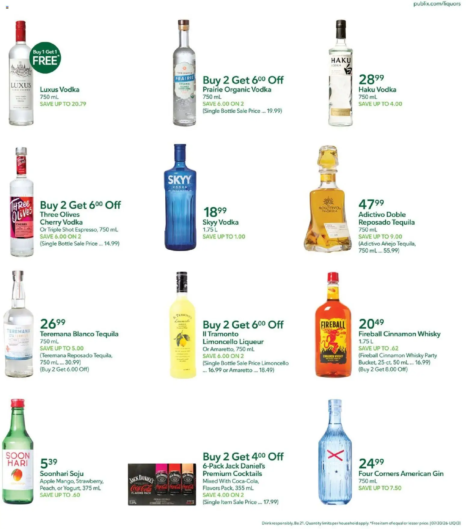 Publix Liquor Ad - valid from 07/30/2026 | Page: 3 | Products: Gin, Vodka