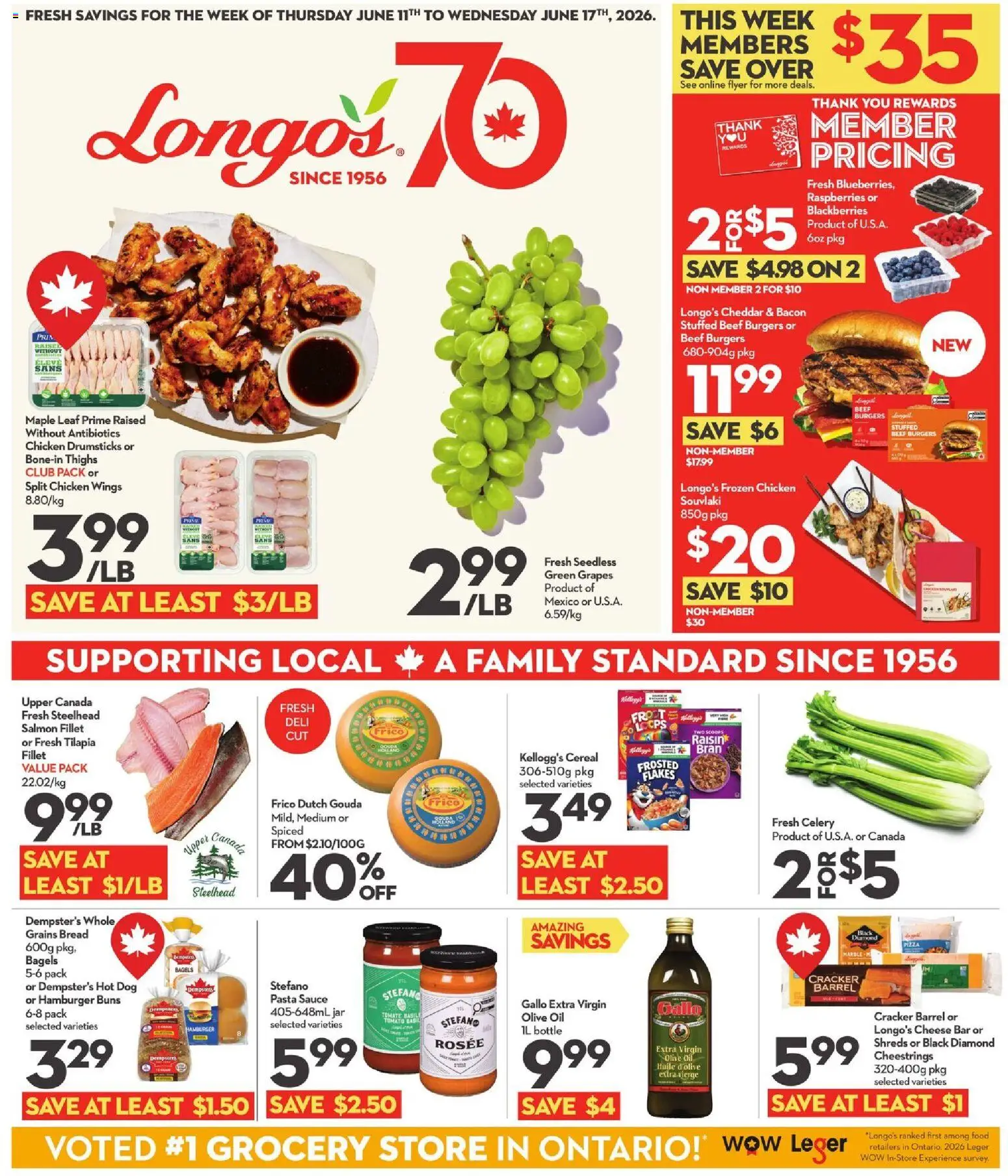 Longo's flyer valid from 11.06.2026 | Page: 1 | Products: Pasta, Chicken wings, Cheese, Bread
