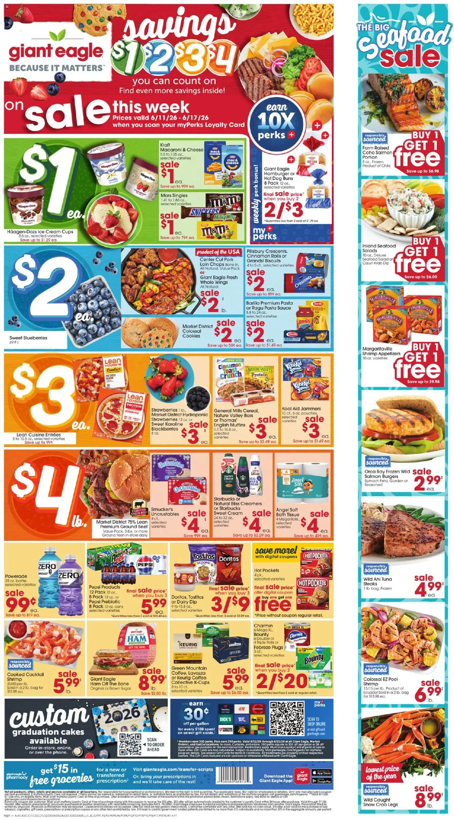 Giant Eagle Weekly Ad - valid from 11.06.2026 | Page: 1 | Products: Ham, Strawberries, Ice cream, Bag