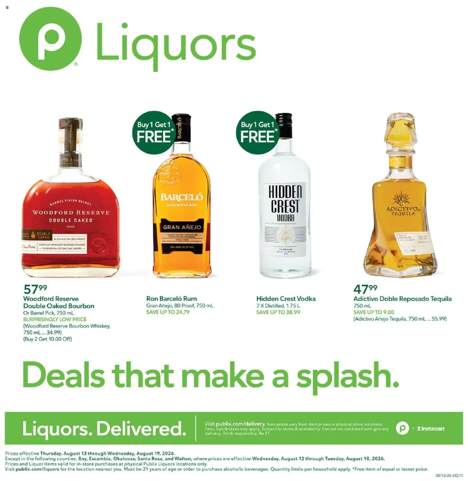 Publix Liquor Ad - valid from 08/13/2026 | Page: 1 | Products: Bourbon, Whiskey, Barceló, Rum