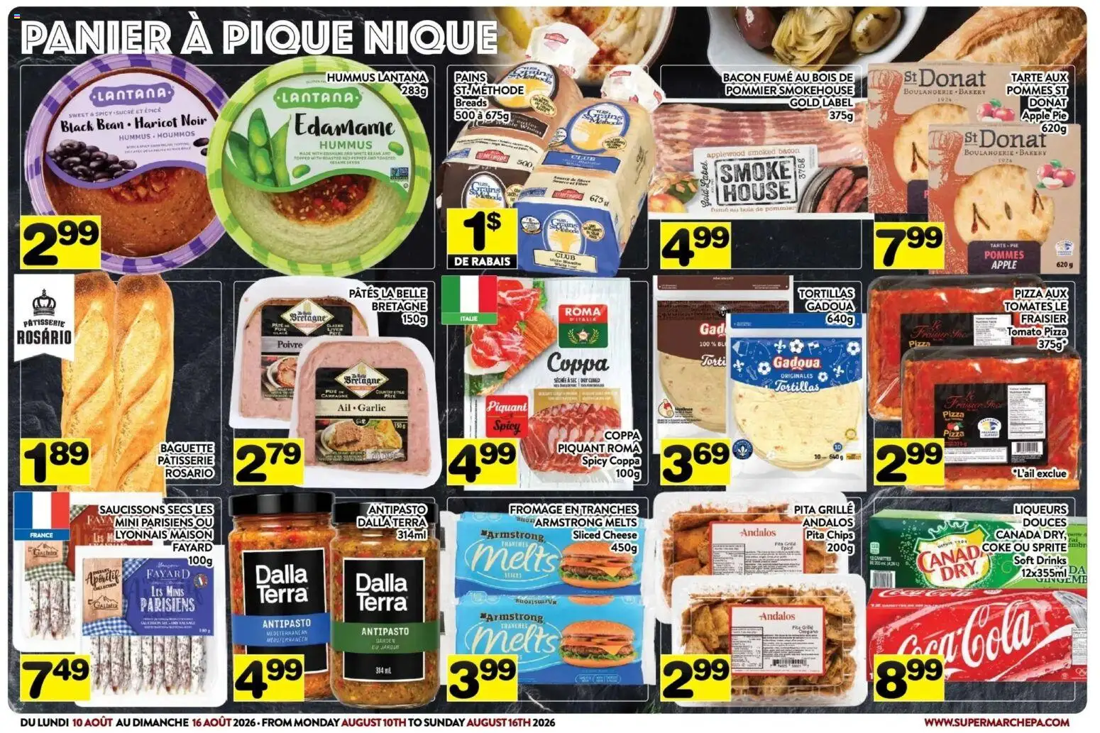 Pa Supermarché flyer valid from Aug 10, 2026 | Page: 3 | Products: Hummus, Tortillas, Cheese, Pizza