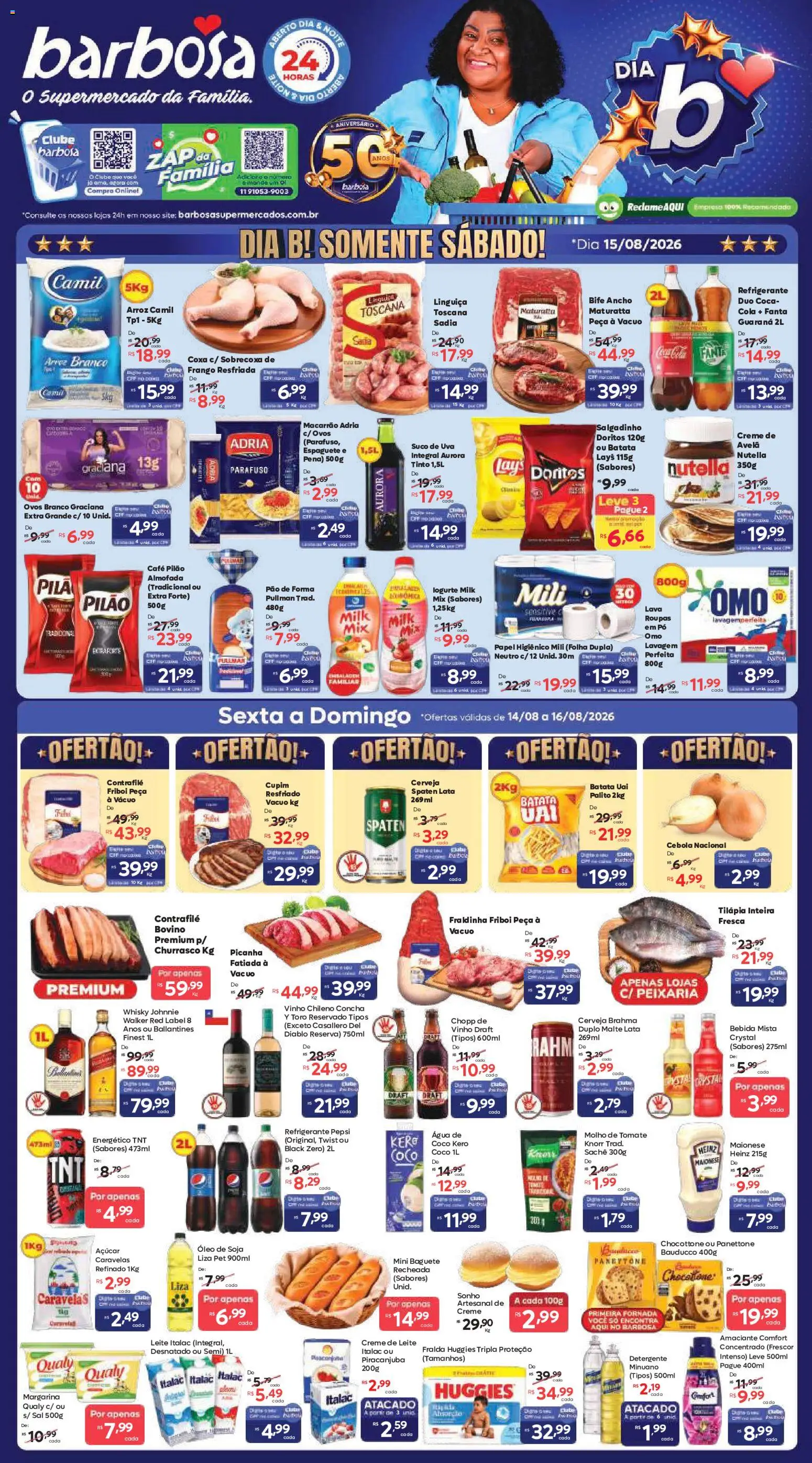 Barbosa Supermercados Folheto - válido de 14/08/2026 | Página: 1 | Produtos: Fanta, Fraldinha, Picanha, Café pilão