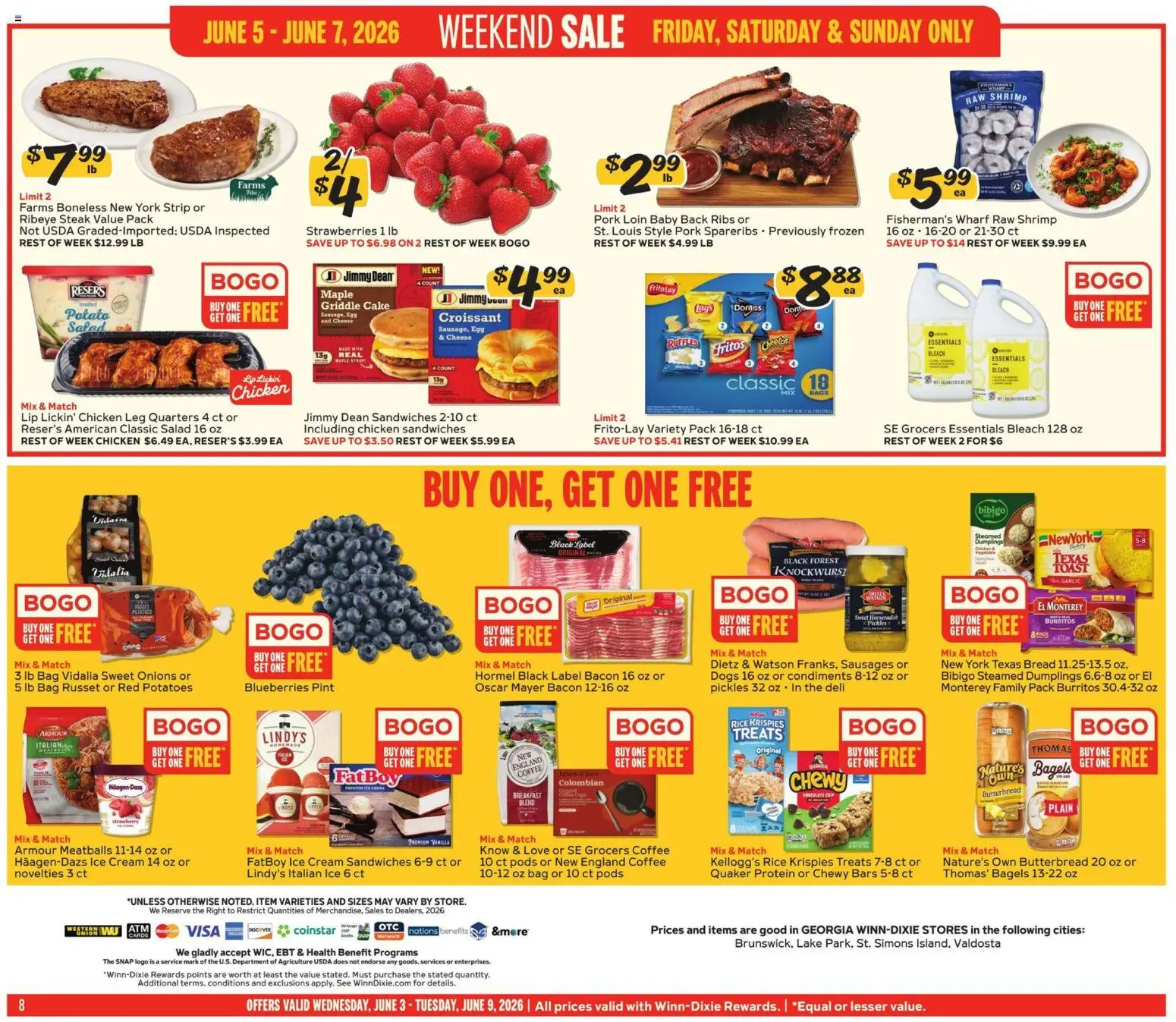 Winn Dixie Weekly Circular - GA - valid from 03.06.2026 | Page: 8 | Products: Cheese, Bread, Strawberries, Potatoes
