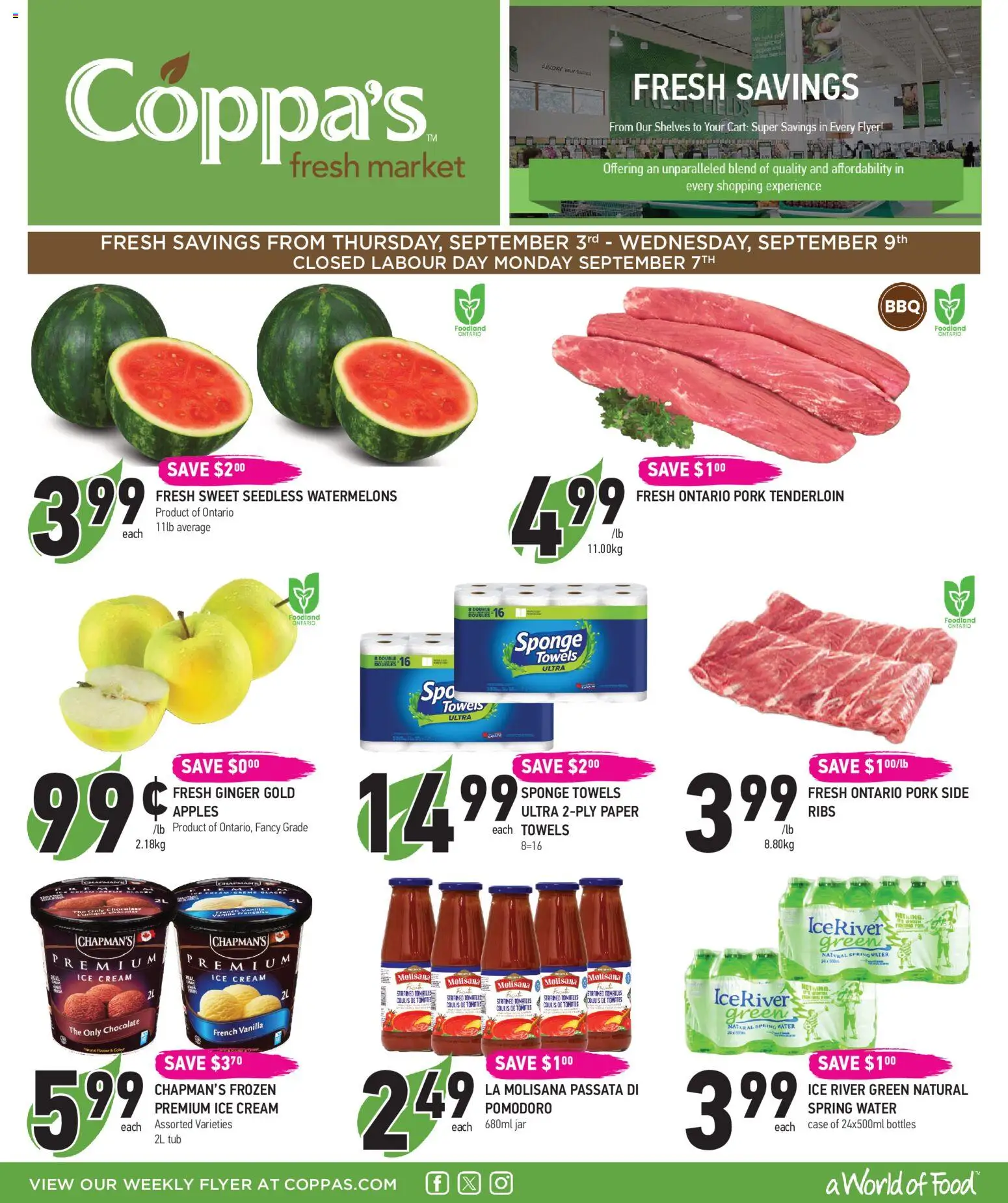 Coppas Fresh Market flyer valid from Sep 3, 2026 | Page: 1 | Products: Ginger, Sponge, Vanilla, Pork