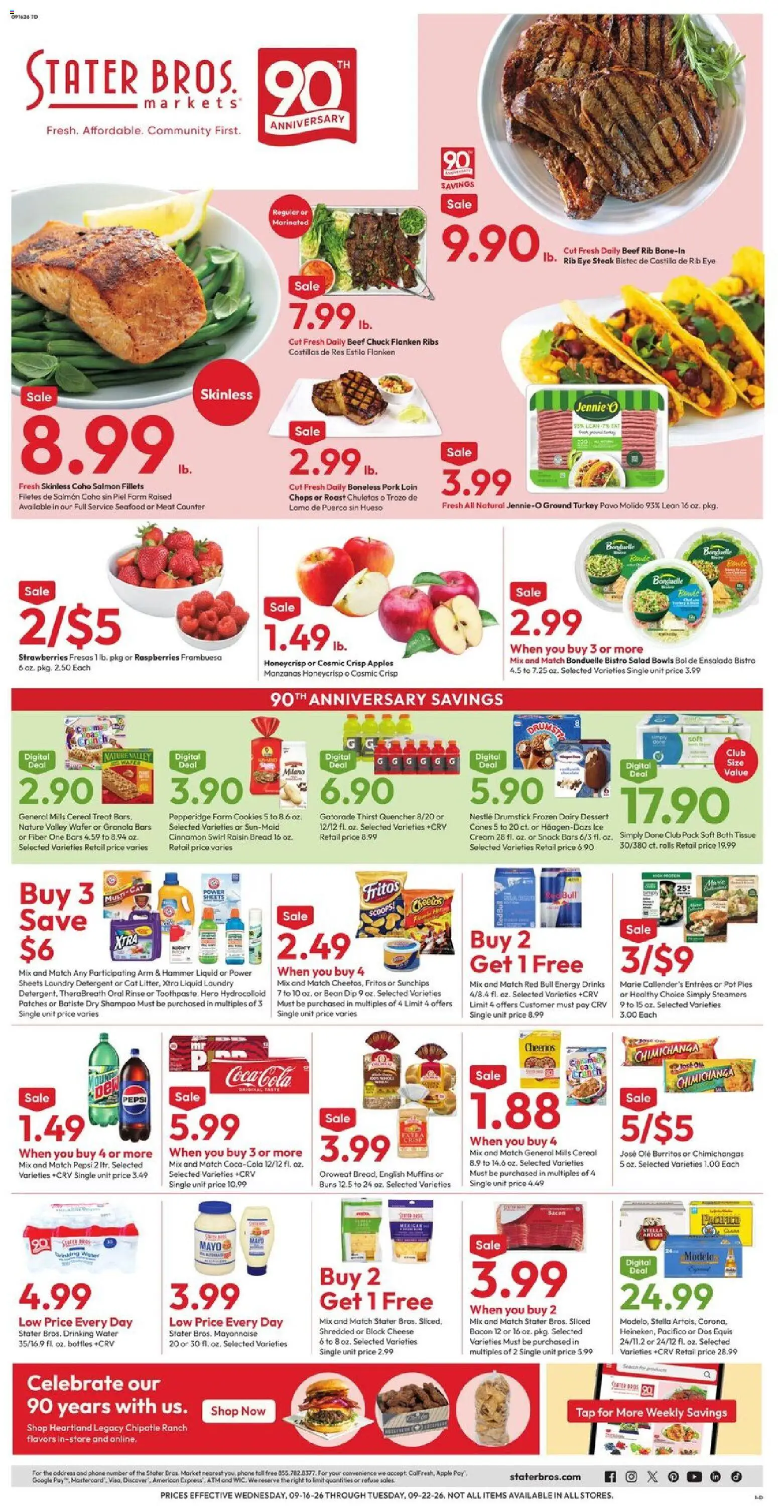Stater Bros Weekly Ad - valid from 09/16/2026 | Page: 1 | Products: Pork loin, Cheese, Beef chuck, Salmon