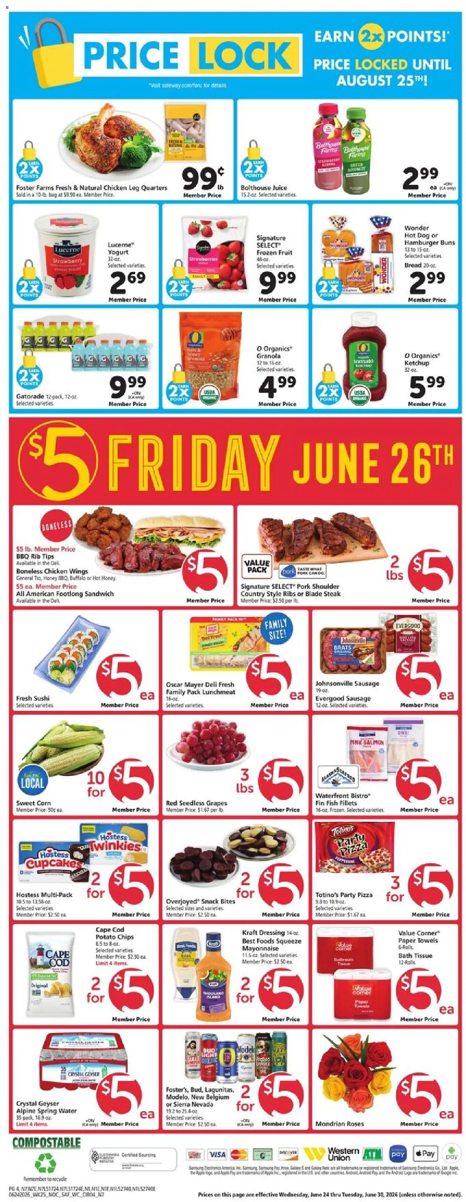 Safeway Weekly Ad - valid from 06/24/2026 | Page: 6 | Products: Yogurt, Pork, Water, Grapes