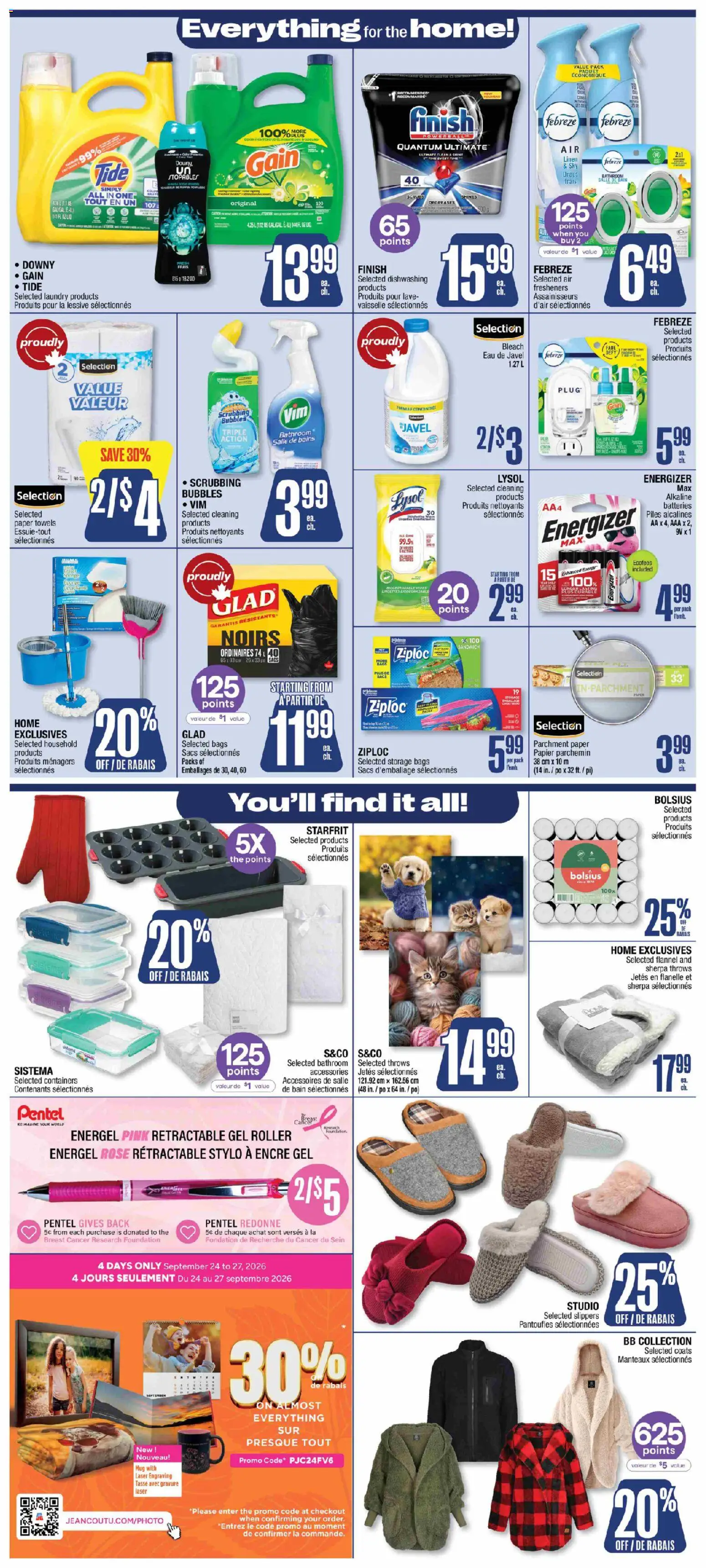 Jean Coutu flyer valid from Sep 24, 2026 | Page: 7 | Products: Slippers, Paper towels, Towels, Batteries