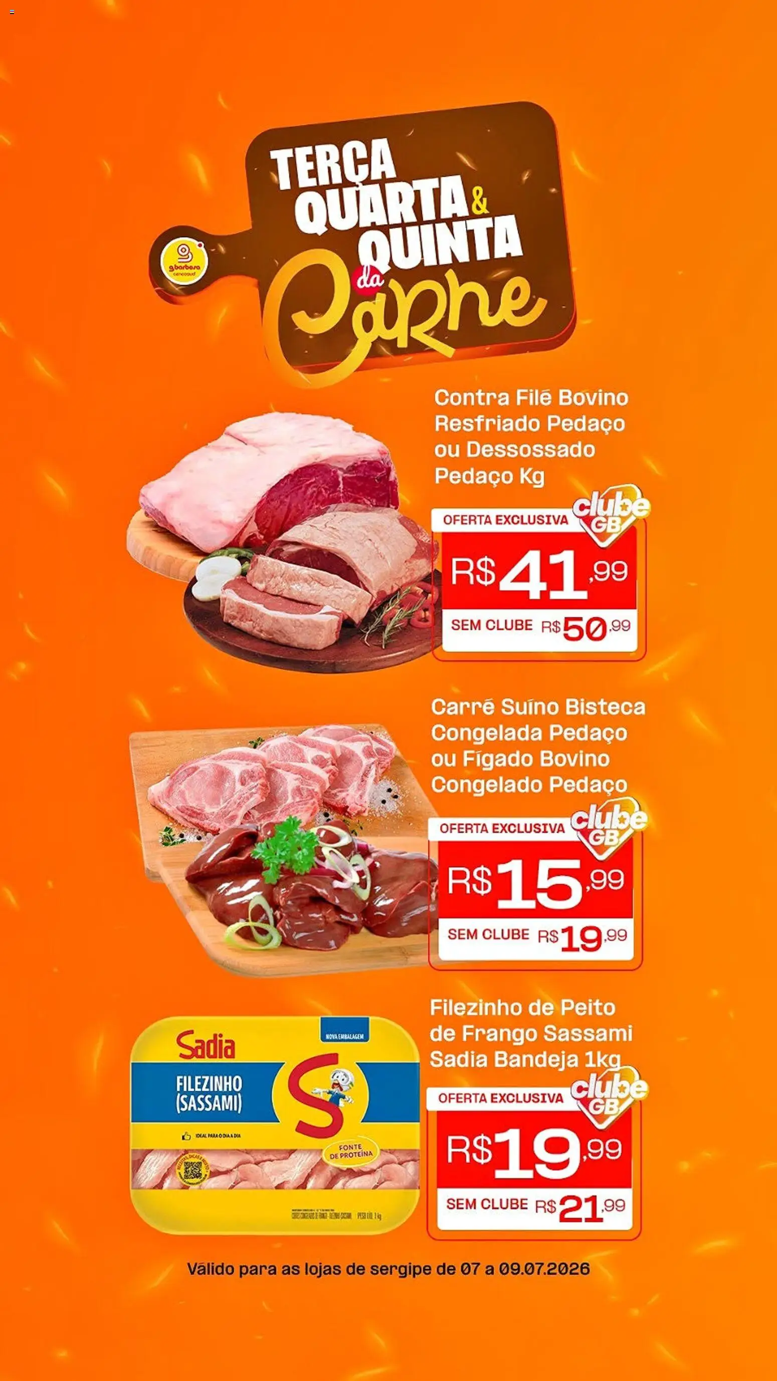 Gbarbosa Folheto - válido de 07/07/2026 | Página: 1 | Produtos: Contra filé, Carne, Bandeja, Frango