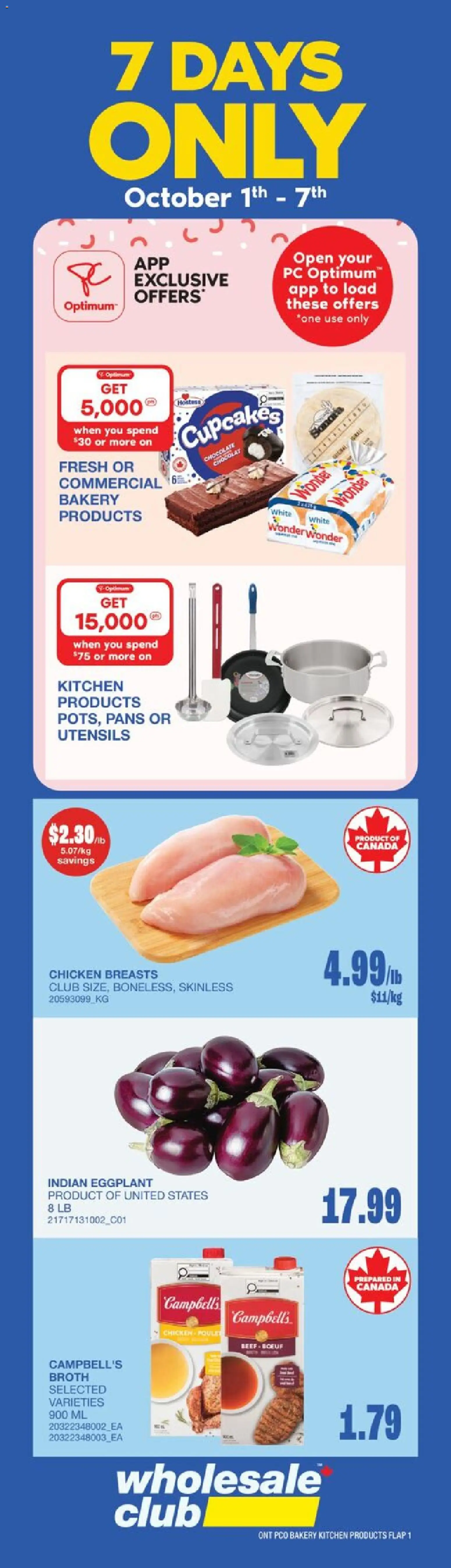 Wholesale Club flyer valid from Oct 1, 2026 | Page: 3 | Products: Chicken breasts, Broth, Bakery, Chicken