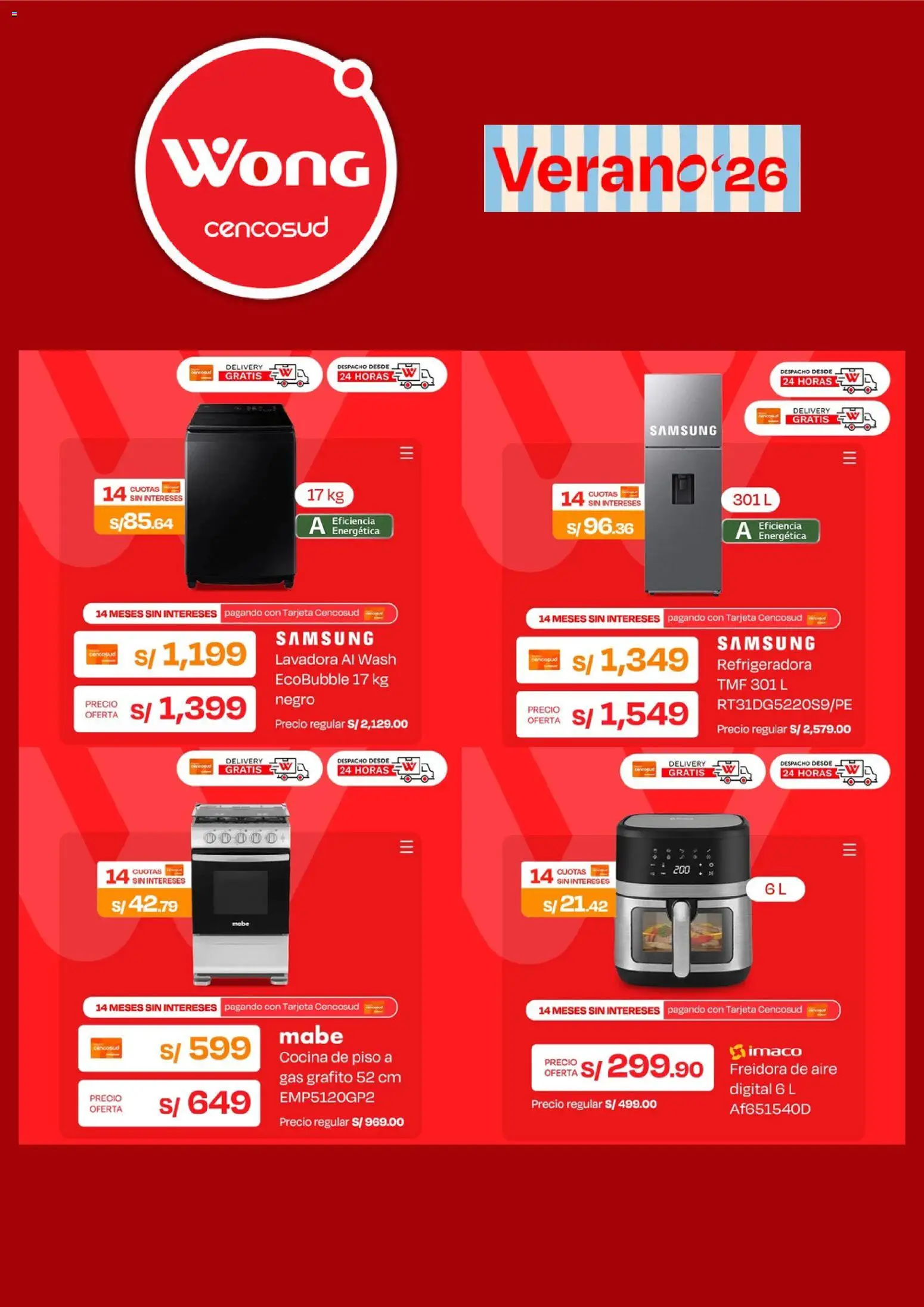 Catálogo Wong válido desde 31/08/2026 | Página: 5 | Productos: Lavadora, Cocina, Freidora, Freidora de aire