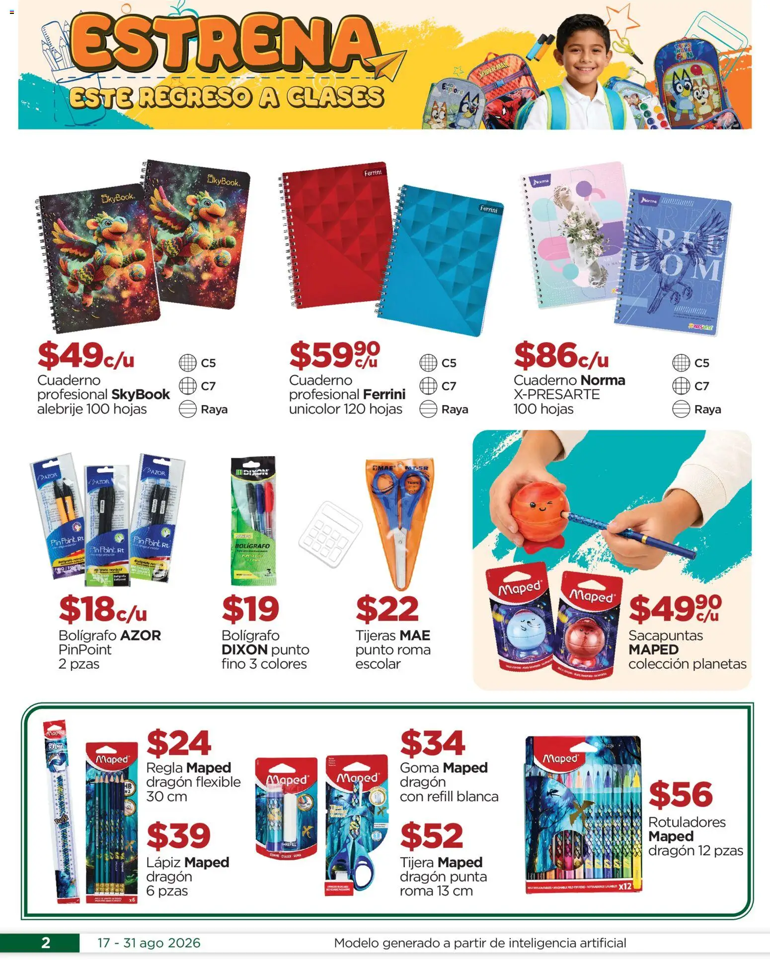 Nuevas ofertas de Chedraui válidas en toda la República Mexicana desde el 17/08/2026. ¡Encuentra las mejores ofertas en Chedraui folleto Estrena este regreso a clases! | Página: 2 | Productos: Tijera, Sacapuntas, Cuaderno, Flexible