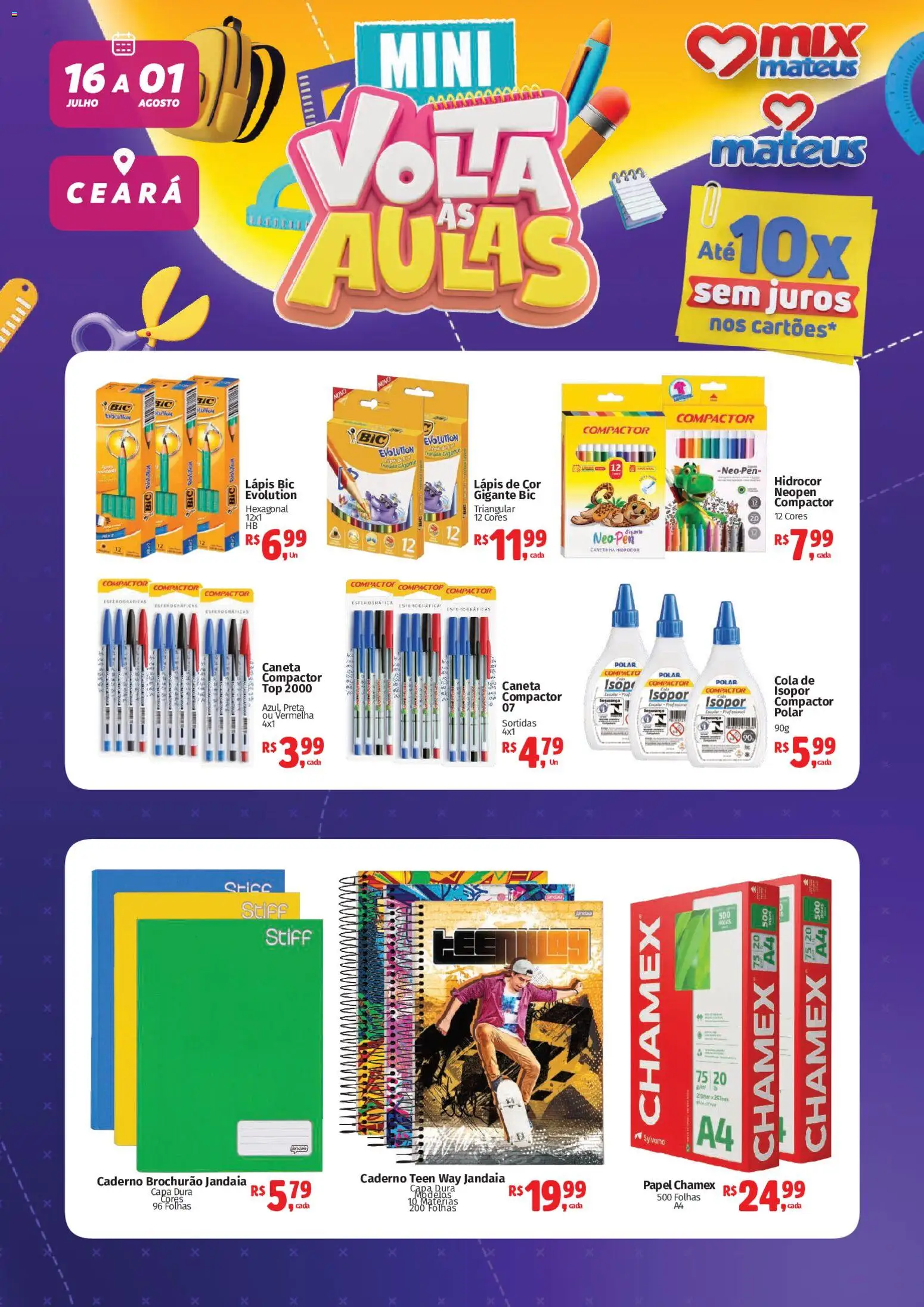 Mateus Folheto - válido de 16/07/2026 | Página: 1 | Produtos: Lápis, Caneta, Cola, Caderno