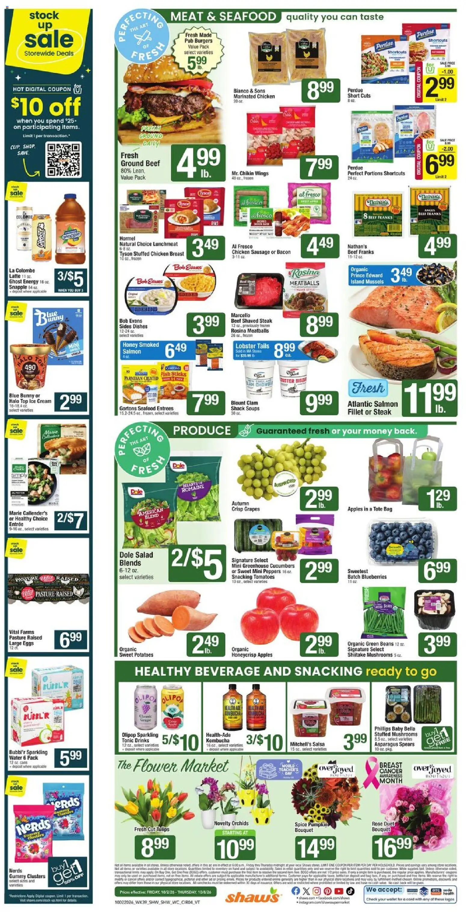 Shaw's Weekly Ad - valid from 10/02/2026 | Page: 4 | Products: Chicken, Shiitake mushrooms, Water, Seafood