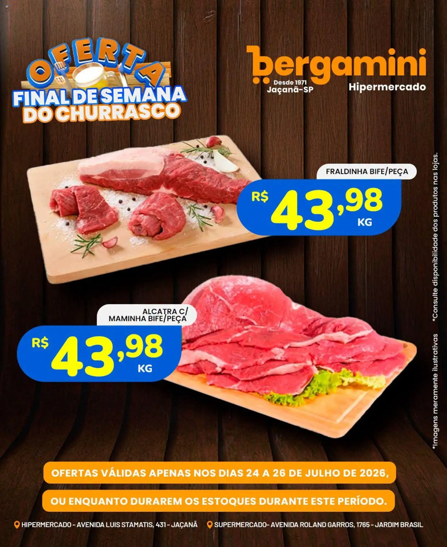 Supermercado Bergamini Folheto - válido de 24/07/2026 | Página: 1 | Produtos: Alcatra, Fraldinha, Maminha