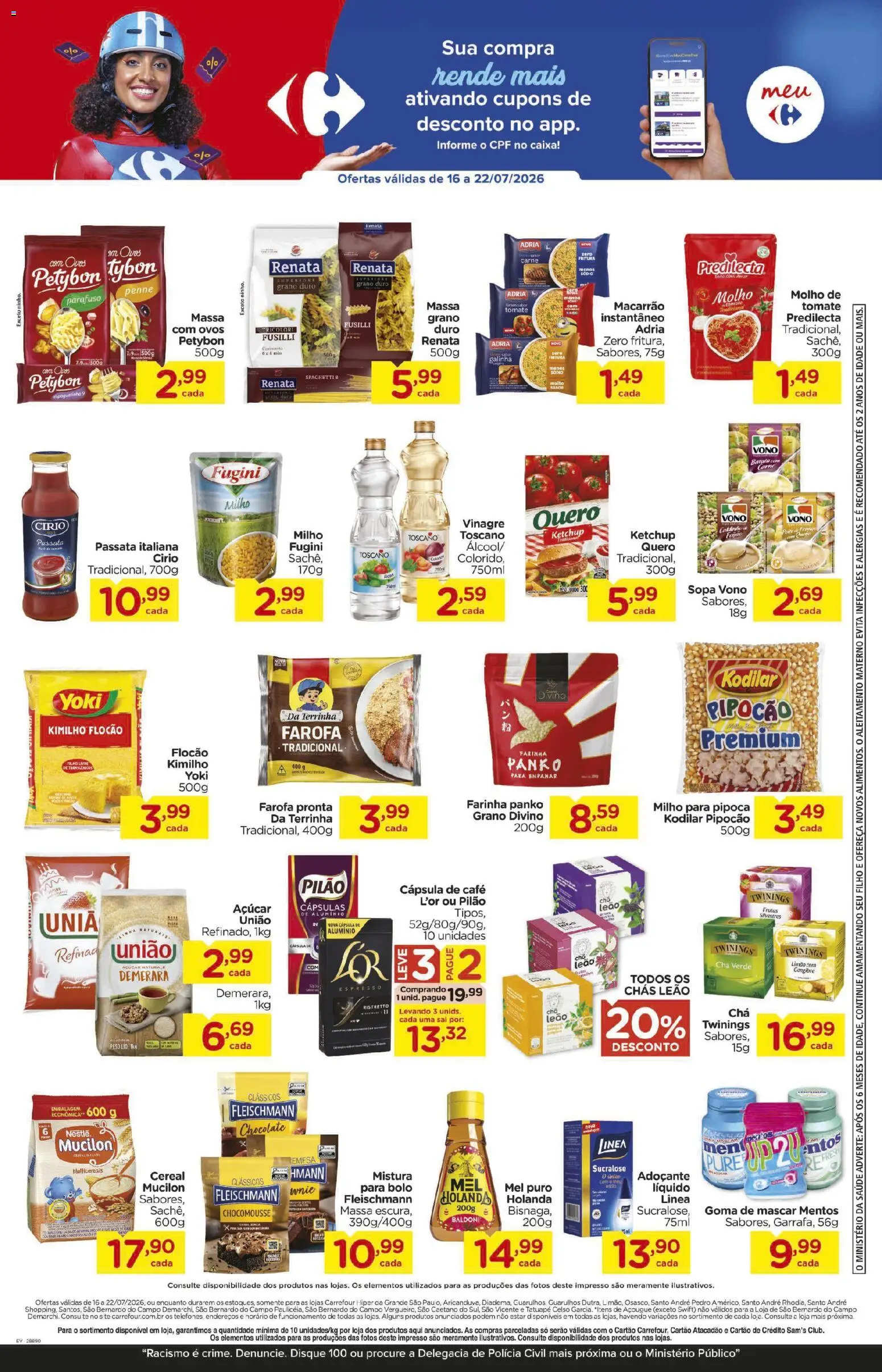 Carrefour Folheto - válido de 16/07/2026 | Página: 4 | Produtos: Chá, Macarrão, Açúcar, Chá verde
