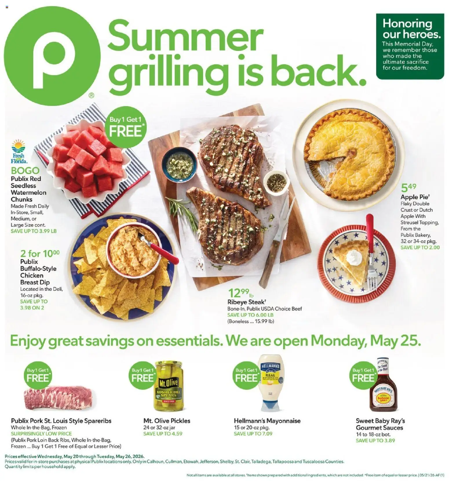 Publix Weekly Ad - valid from 20.05.2026 | Page: 1 | Products: Pork, Mayonnaise, Watermelon, Dill