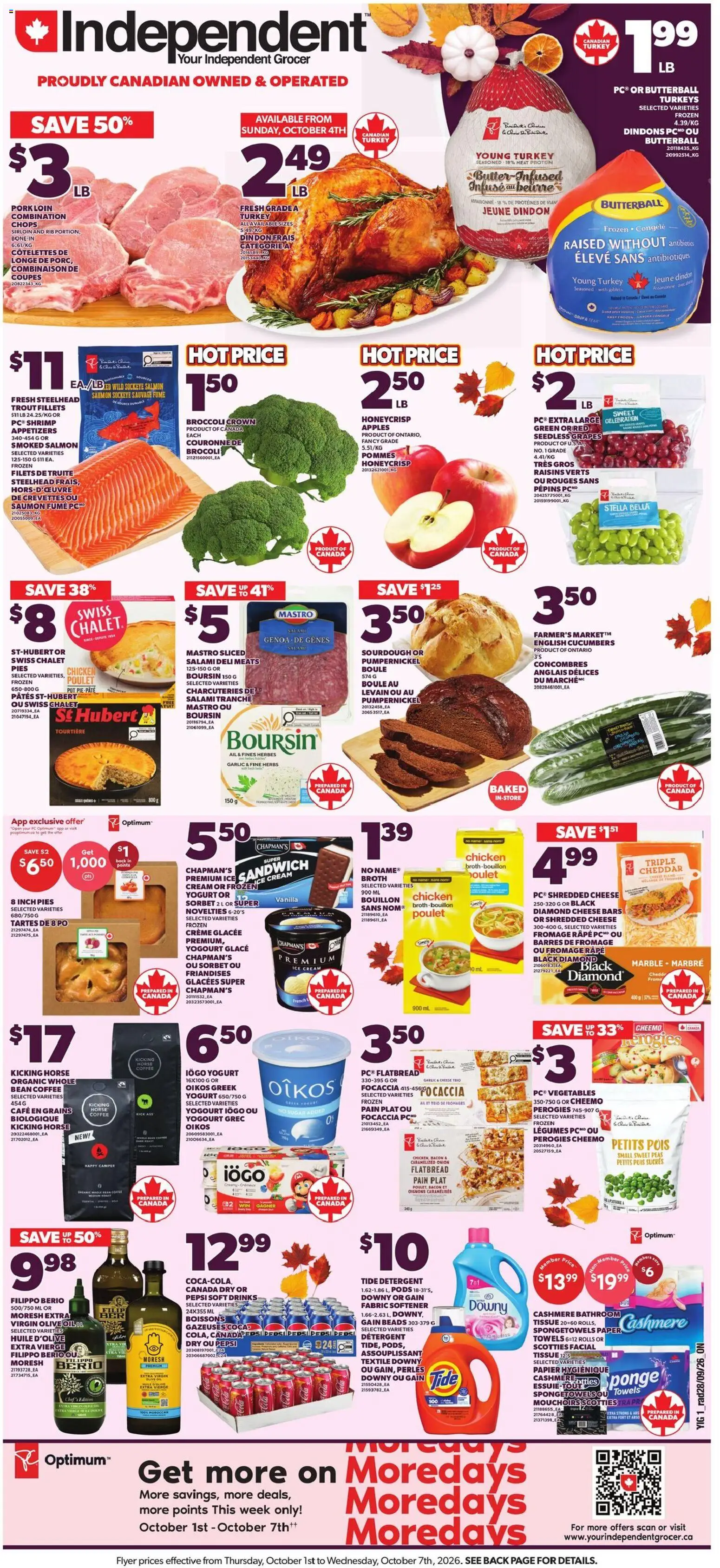 Independent Grocer flyer valid from Oct 1, 2026 | Page: 1 | Products: Grains, Yogurt, Ice, Pork loin