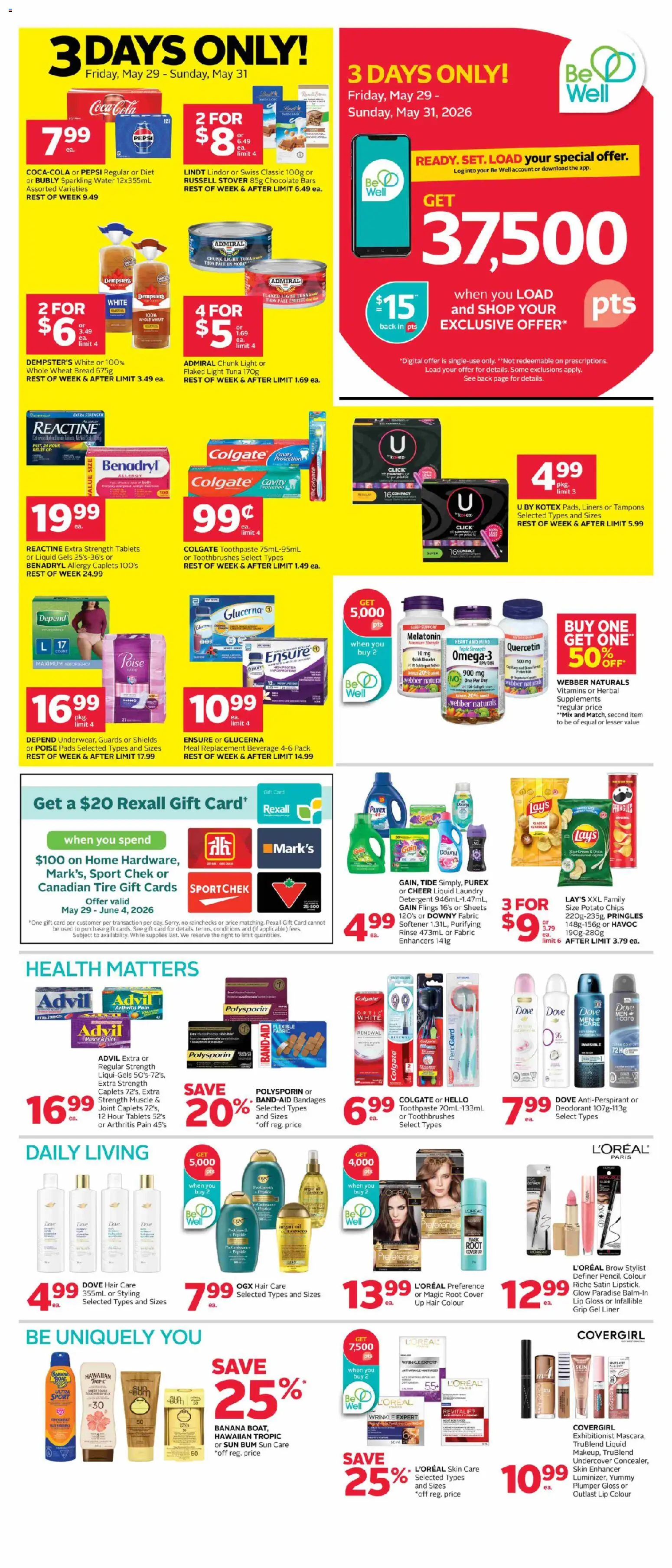 Rexall flyer valid from 29.05.2026 | Page: 3 | Products: Lip gloss, Antiperspirant, Toothpaste, Chocolate