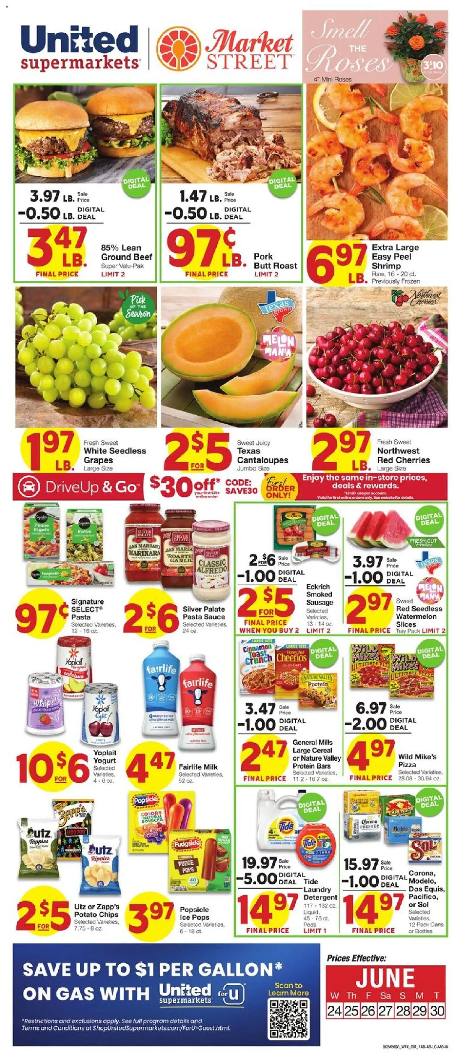 United Supermarkets Weekly Ad - valid from 06/24/2026 | Page: 1 | Products: Pork, Beef, Sauce, Melon