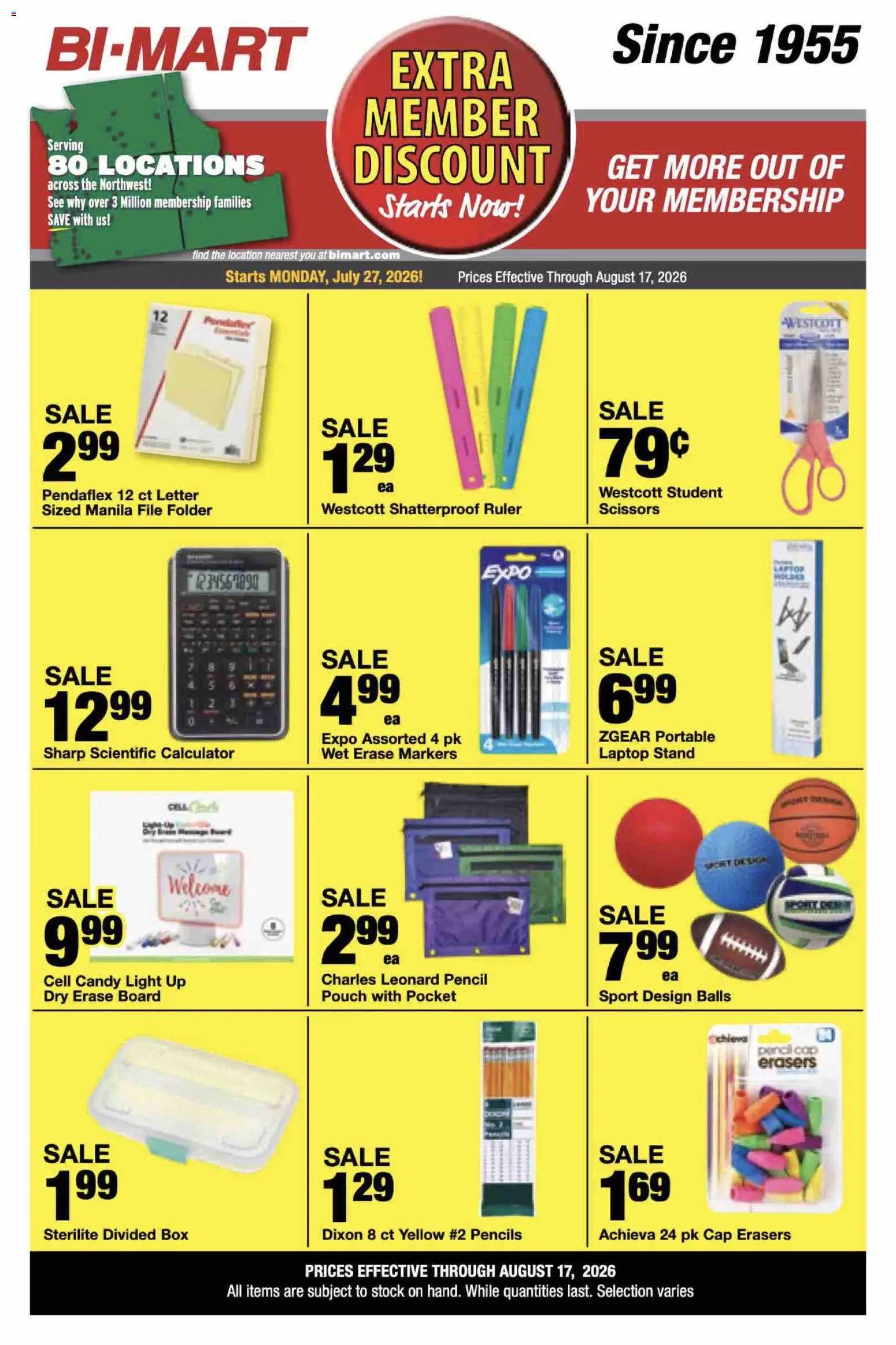 Bi-Mart Extra Member Discount - valid from 07/27/2026 | Page: 6 | Products: Pencil, Cap, Laptop, Calculator