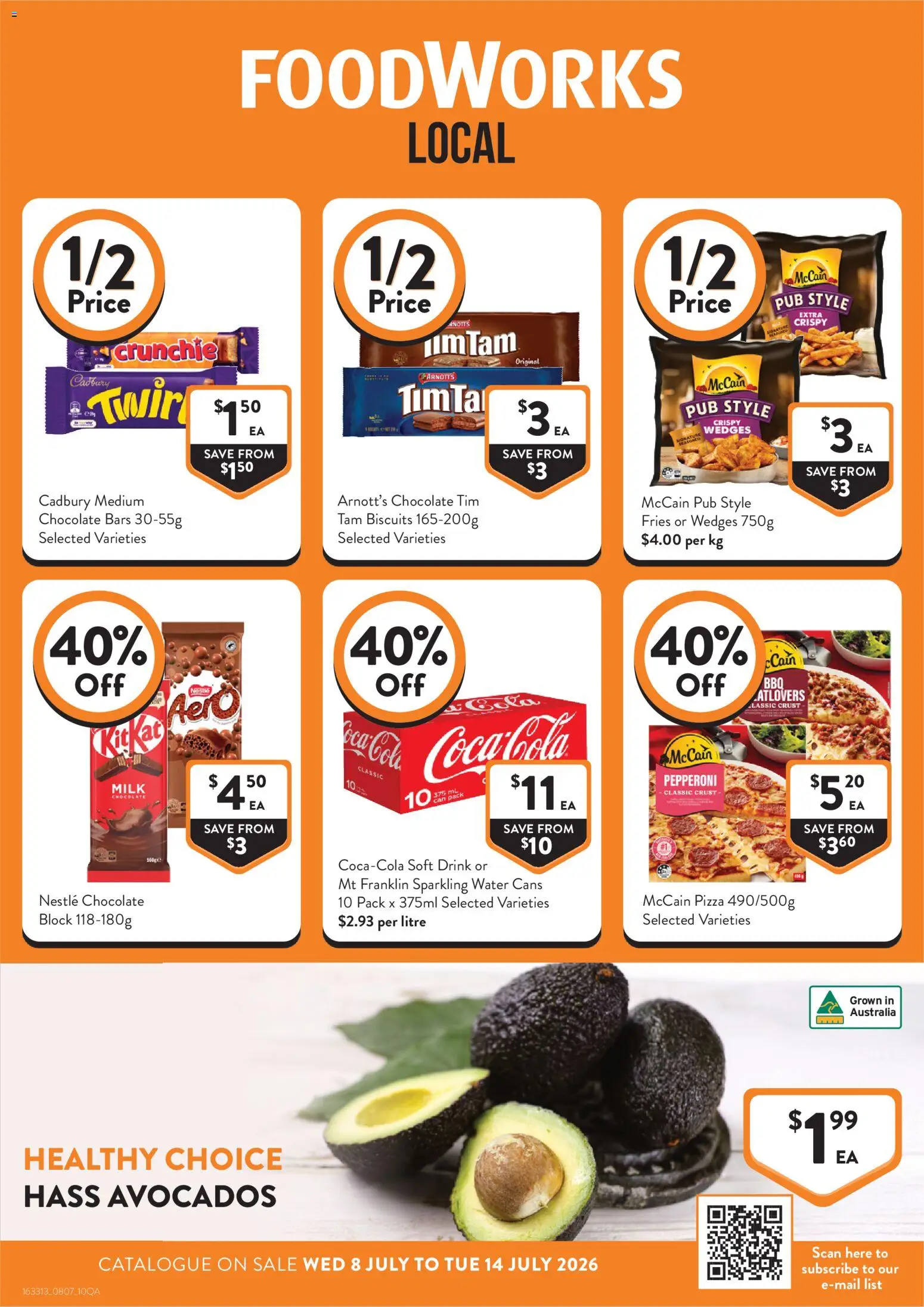 Foodworks catalogue - valid from 08/07/2026 | Page: 1 | Products: Chocolate, Pizza, Coca Cola, Biscuits