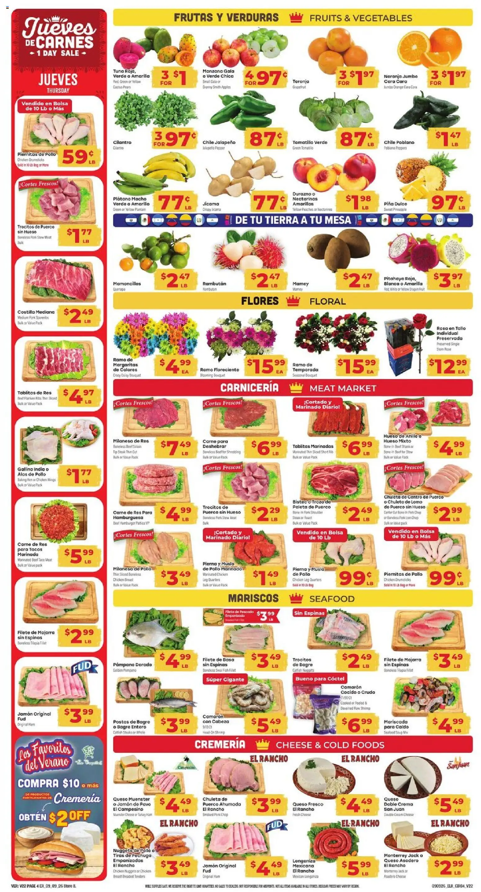 El Rancho Weekly Ad - valid from 09/09/2026 | Page: 4 | Products: Pork shoulder, Peppers, Fish, Drumsticks
