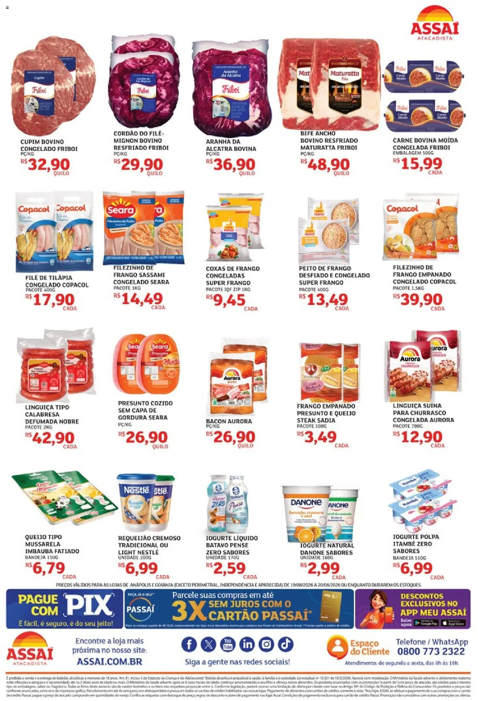 Assaí Atacadista Folheto - válido de 19/08/2026 | Página: 2 | Produtos: Linguiça, Tilápia, Carne, Telefone