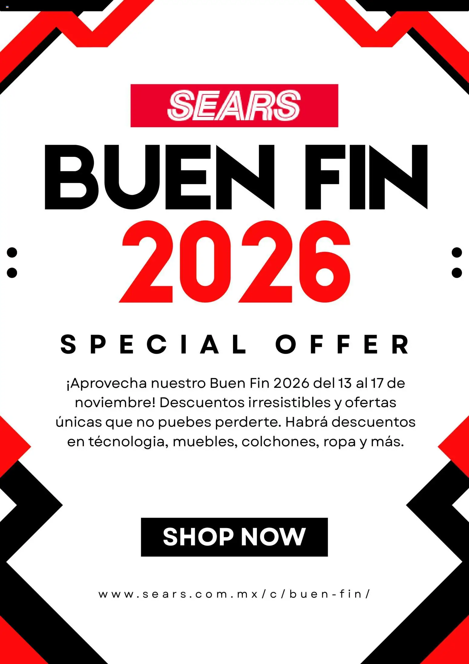 Nuevas ofertas de Sears válidas en toda la República Mexicana desde el 30/10/2026. ¡Encuentra las mejores ofertas en Sears Buen Fin! | Página: 1