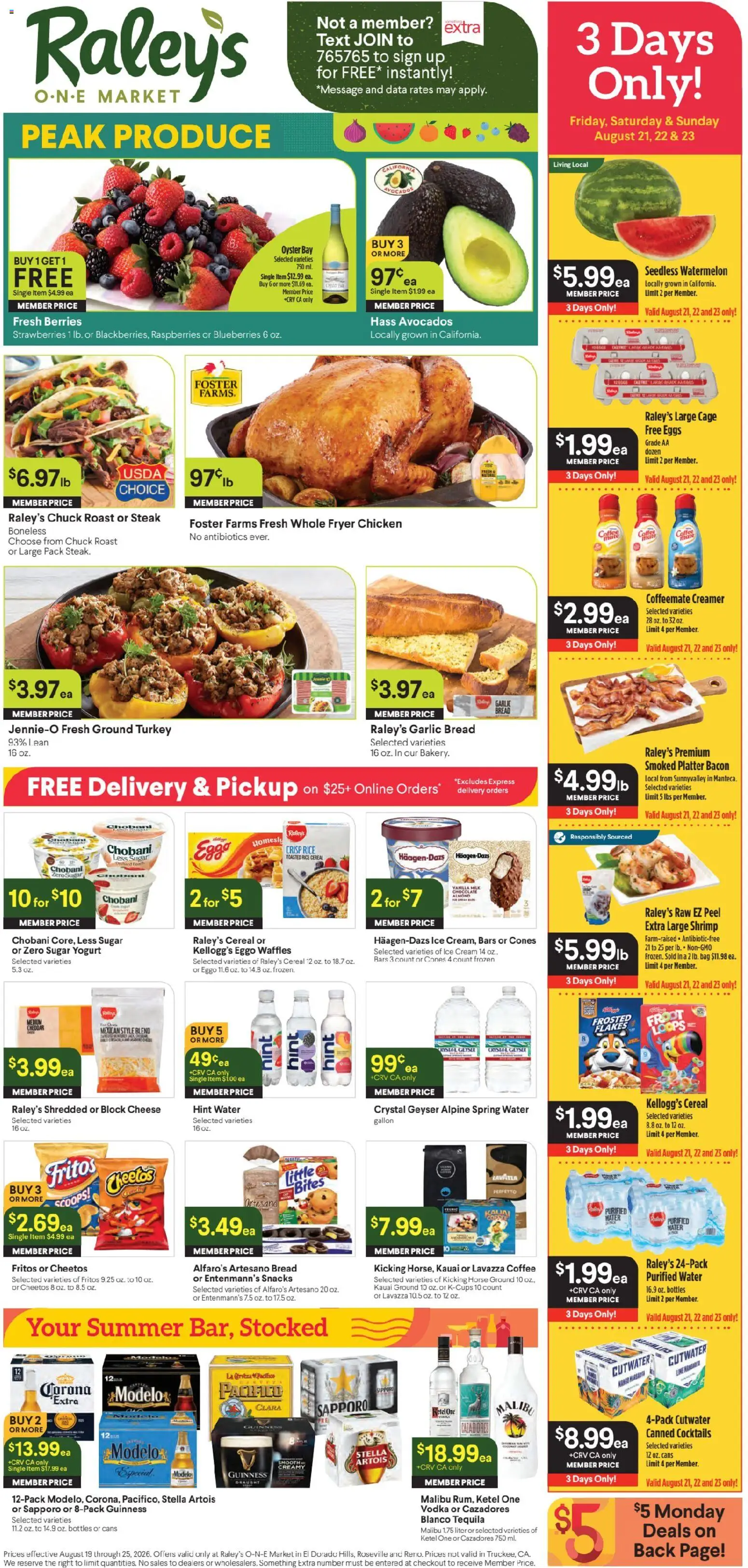 Raley's Ad - valid from 08/19/2026 | Page: 1 | Products: Eggs, Garlic, Ice, Snacks
