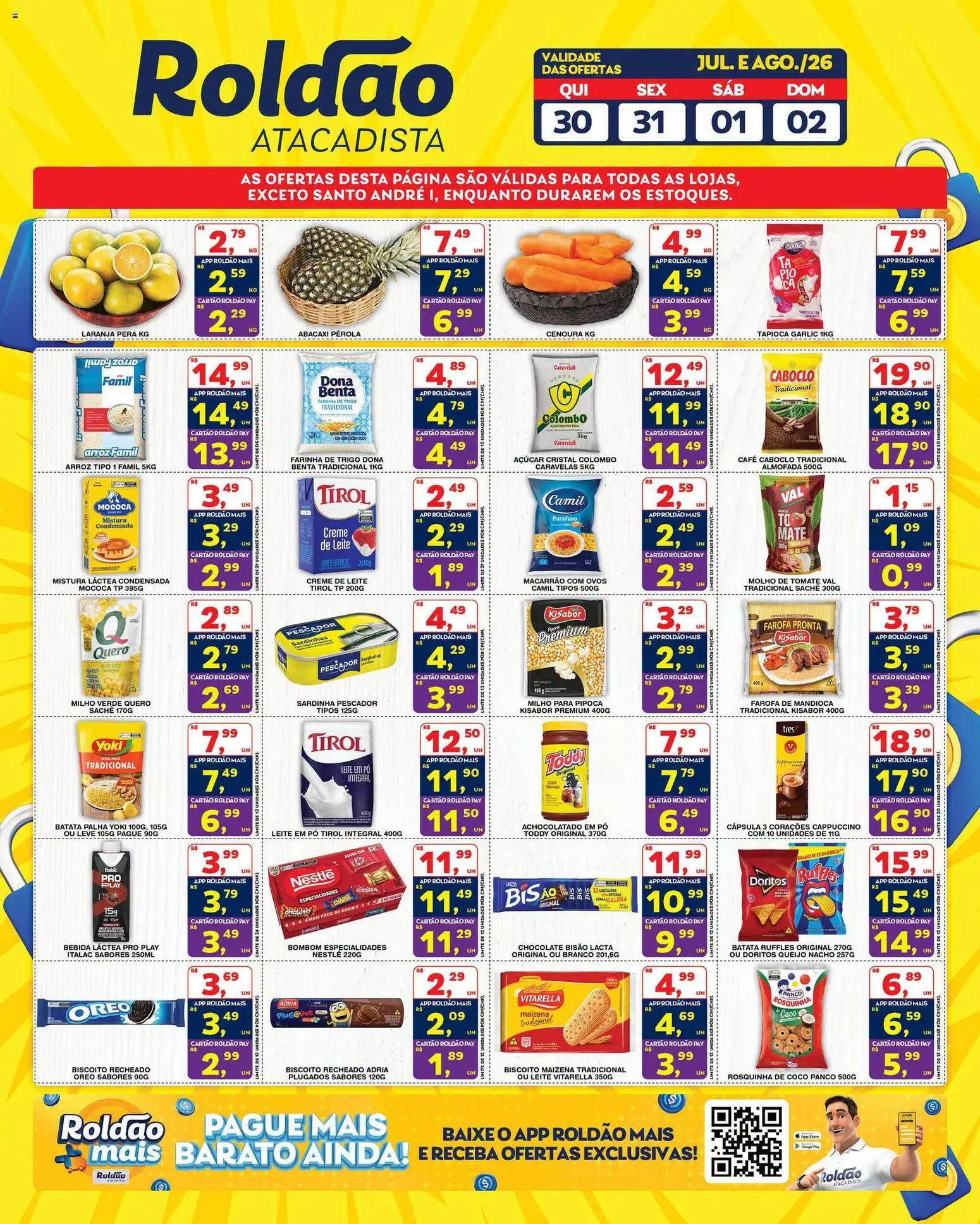 Roldão Folheto - válido de 30/07/2026 | Página: 2 | Produtos: Macarrão, Creme de leite, Farofa, Leite em pó