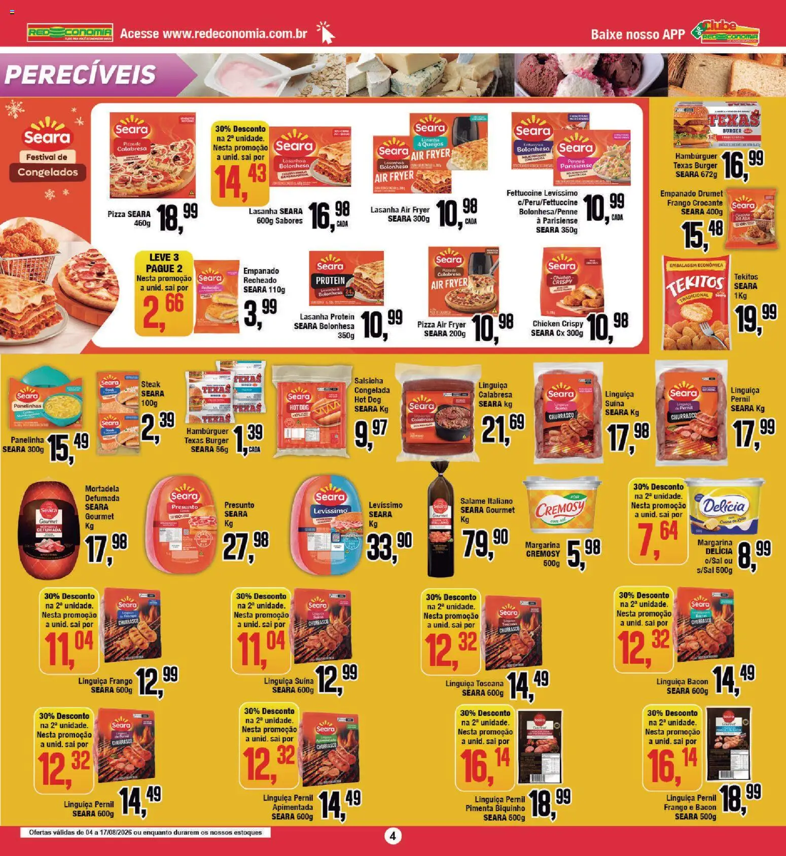 RedEconomia Folheto - válido de 04/08/2026 | Página: 4 | Produtos: Linguiça, Hambúrguer, Lasanha, Margarina