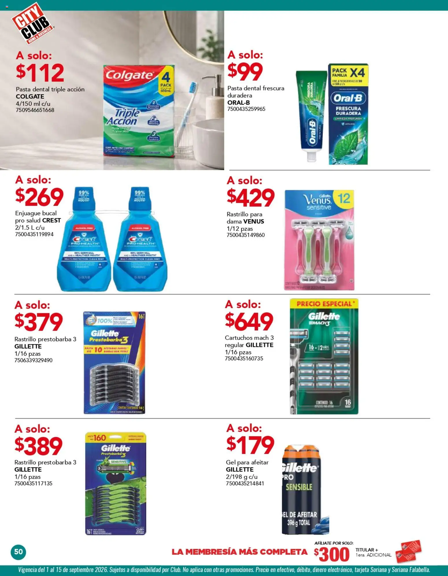 Nuevas ofertas de City Club válidas en toda la República Mexicana desde el 01/09/2026. ¡Encuentra las mejores ofertas en City Club catálogo! | Página: 50 | Productos: Pasta dental, Enjuague bucal, Rastrillo, Pasta