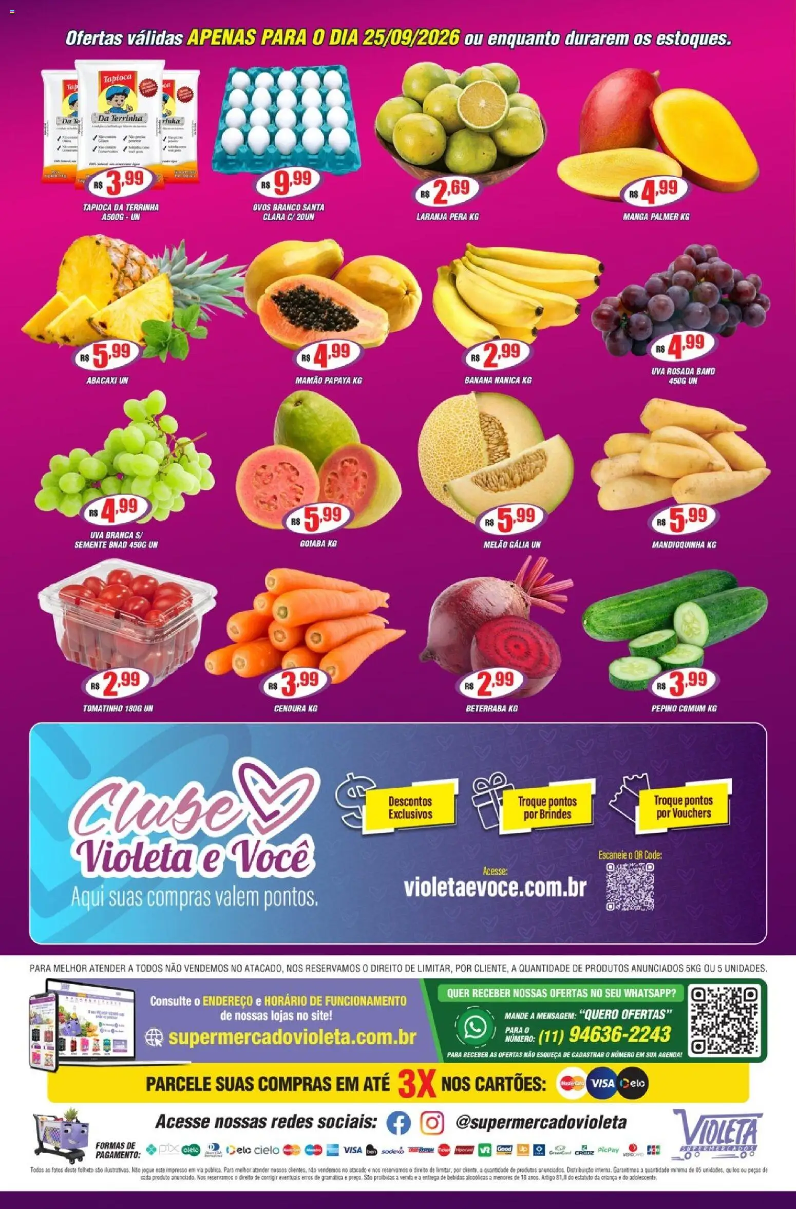 Violeta Supermercados Folheto - válido de 25/09/2026 | Página: 4 | Produtos: Pera, Uva, Bebidas, Abacaxi