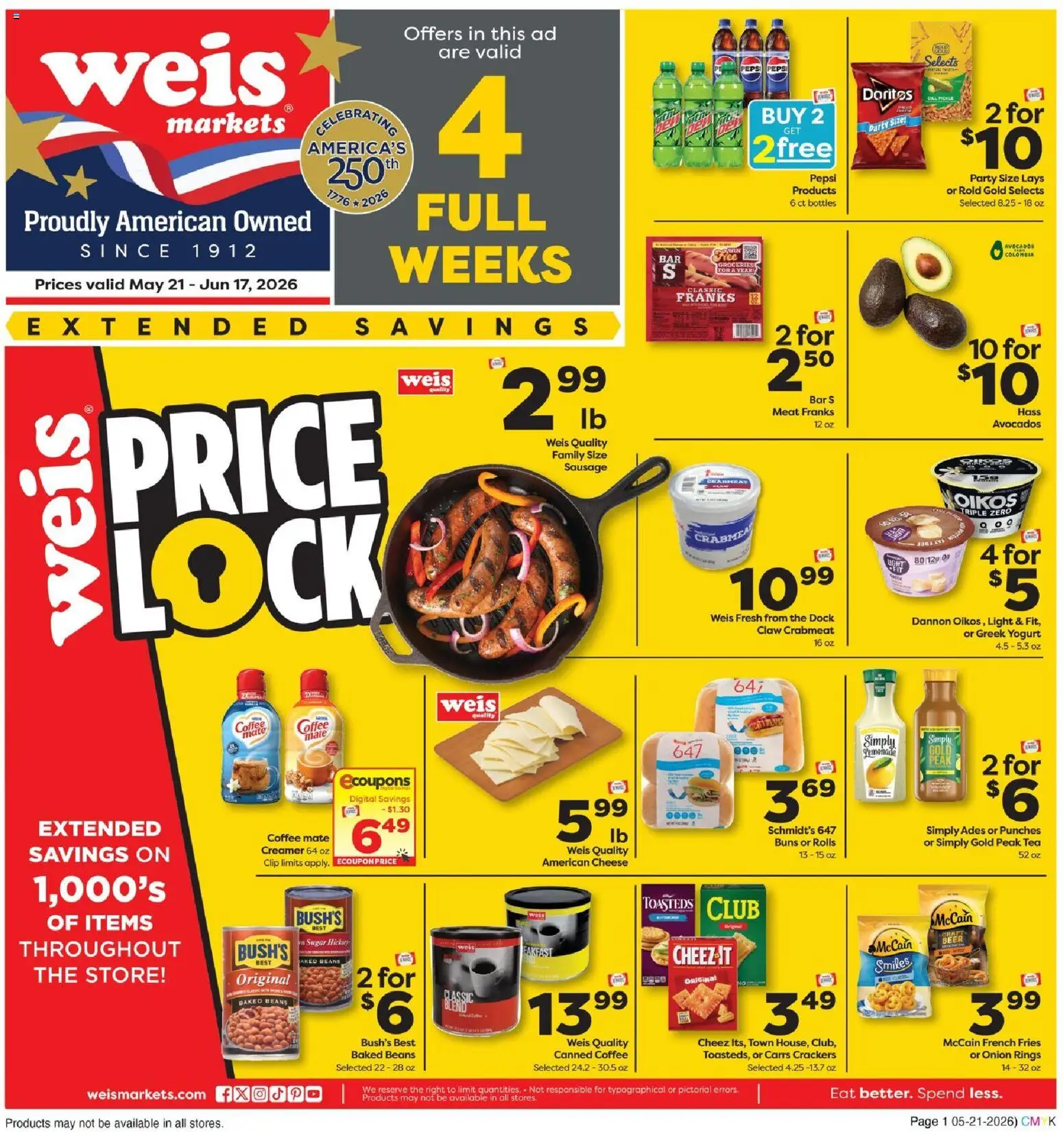 Weis Monthly Savings - valid from 21.05.2026 | Page: 1 | Products: Clip, Yogurt, Tea, Sausage
